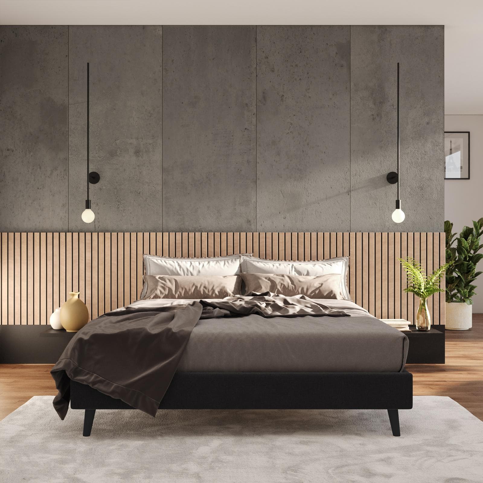 Letto matrimoniale sommier 160x190 cm in tessuto nero con prese USB laterali - Columbus