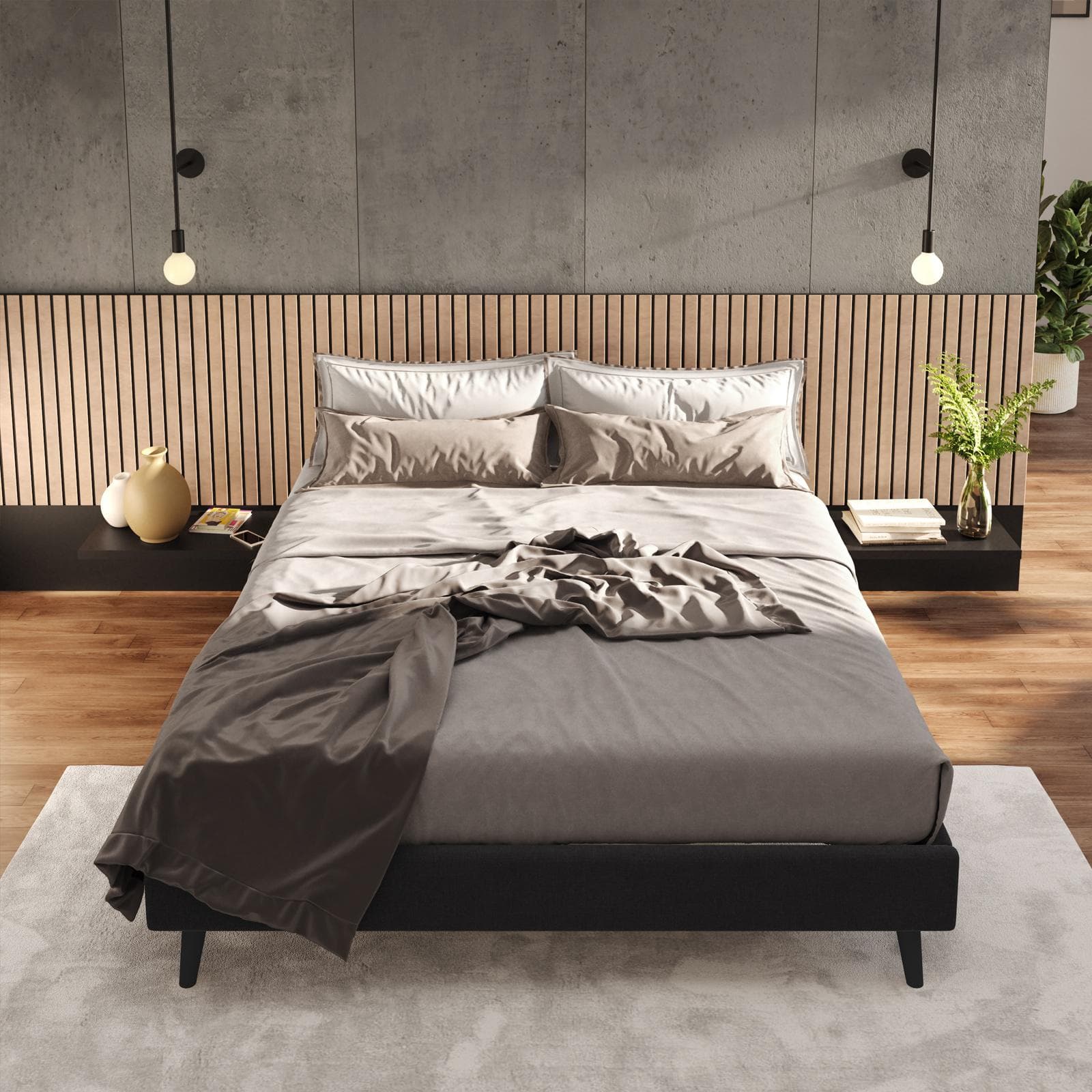 Letto matrimoniale sommier 160x190 cm in tessuto nero con prese USB laterali - Columbus