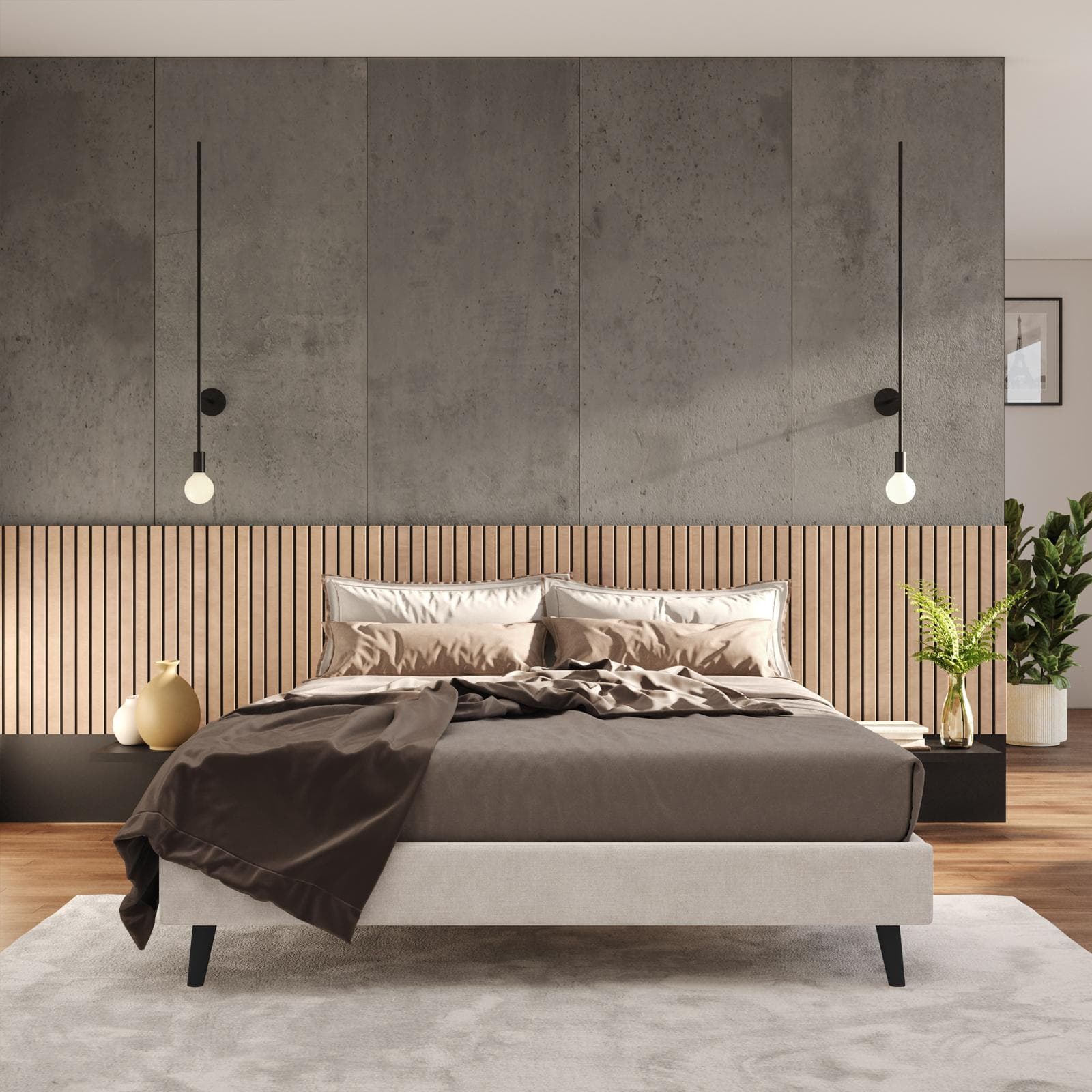 Letto matrimoniale sommier 160x190 cm in tessuto crema con prese USB laterali - Columbus