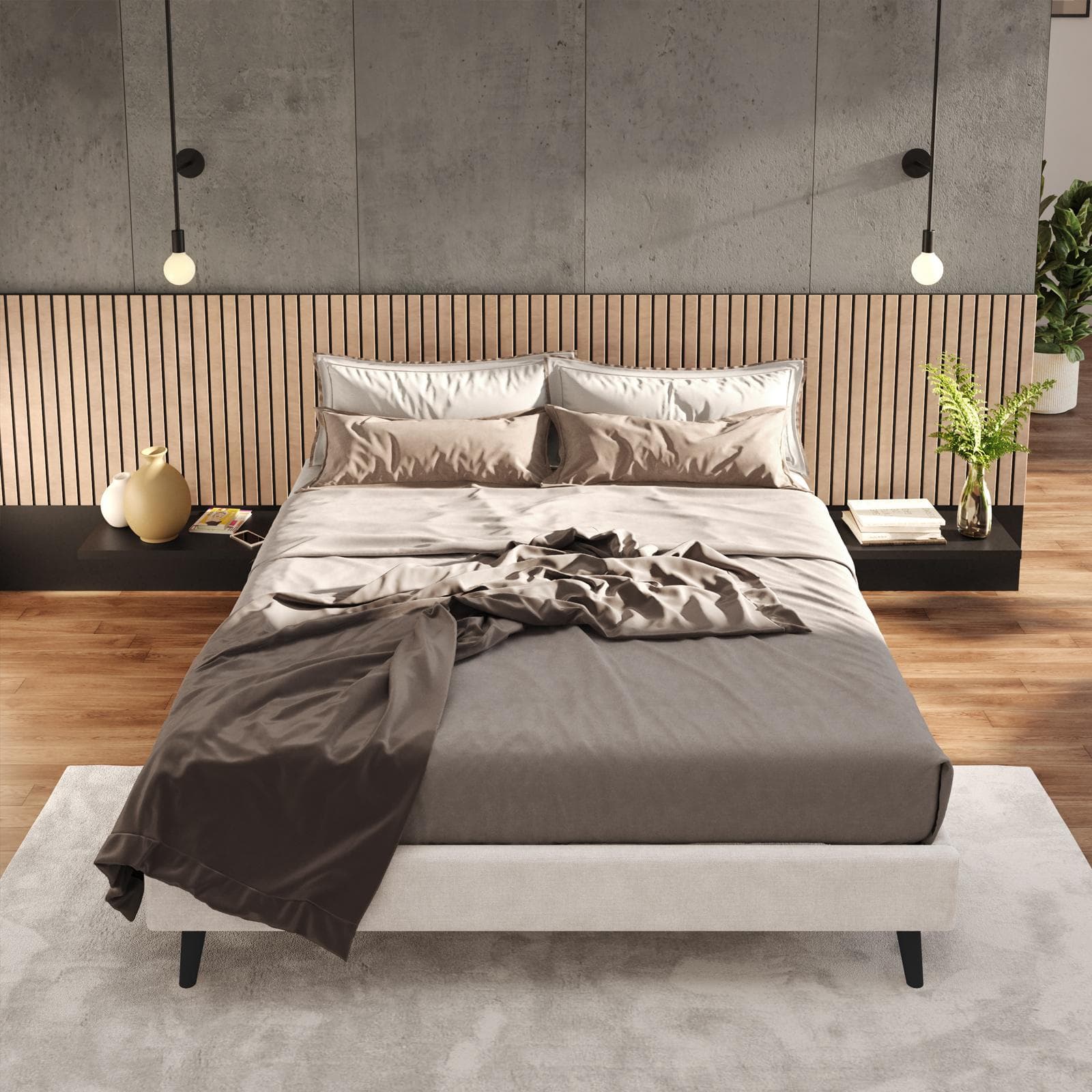 Letto matrimoniale sommier 160x190 cm in tessuto crema con prese USB laterali - Columbus
