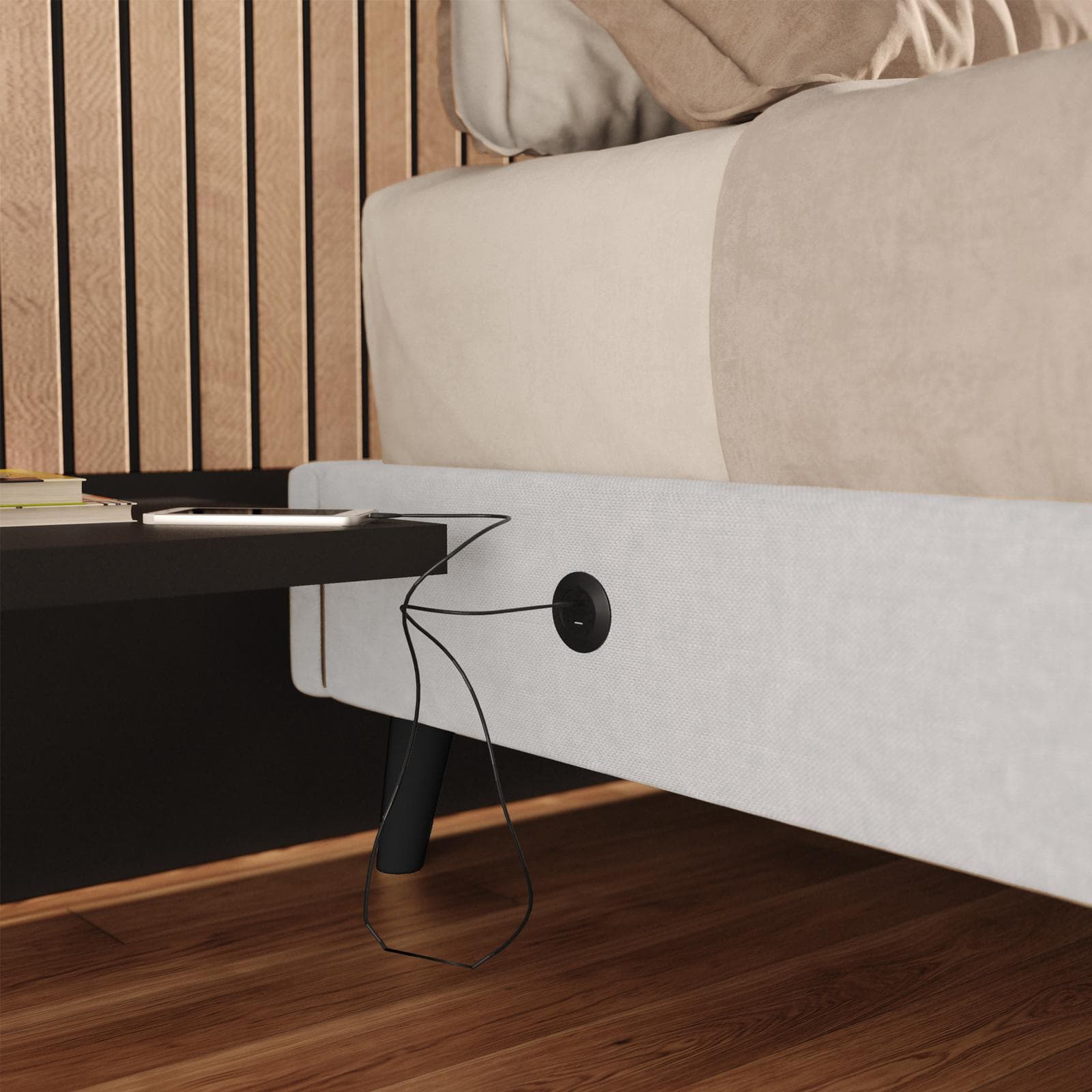 Letto matrimoniale sommier 160x190 cm in tessuto crema con prese USB laterali - Columbus