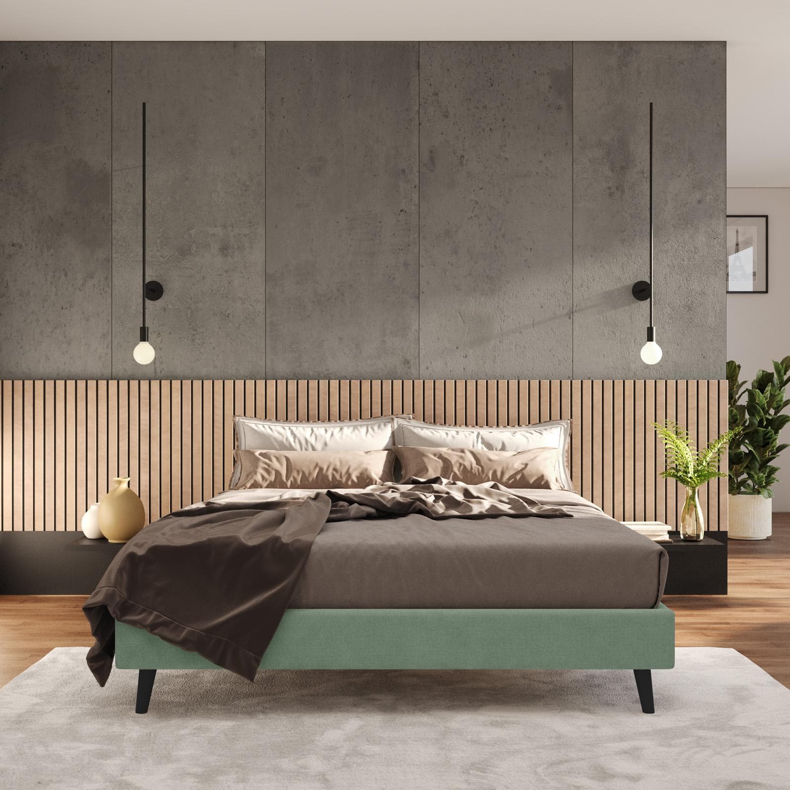 Letto matrimoniale sommier 160x190 cm in tessuto verde salvia con prese USB laterali - Columbus