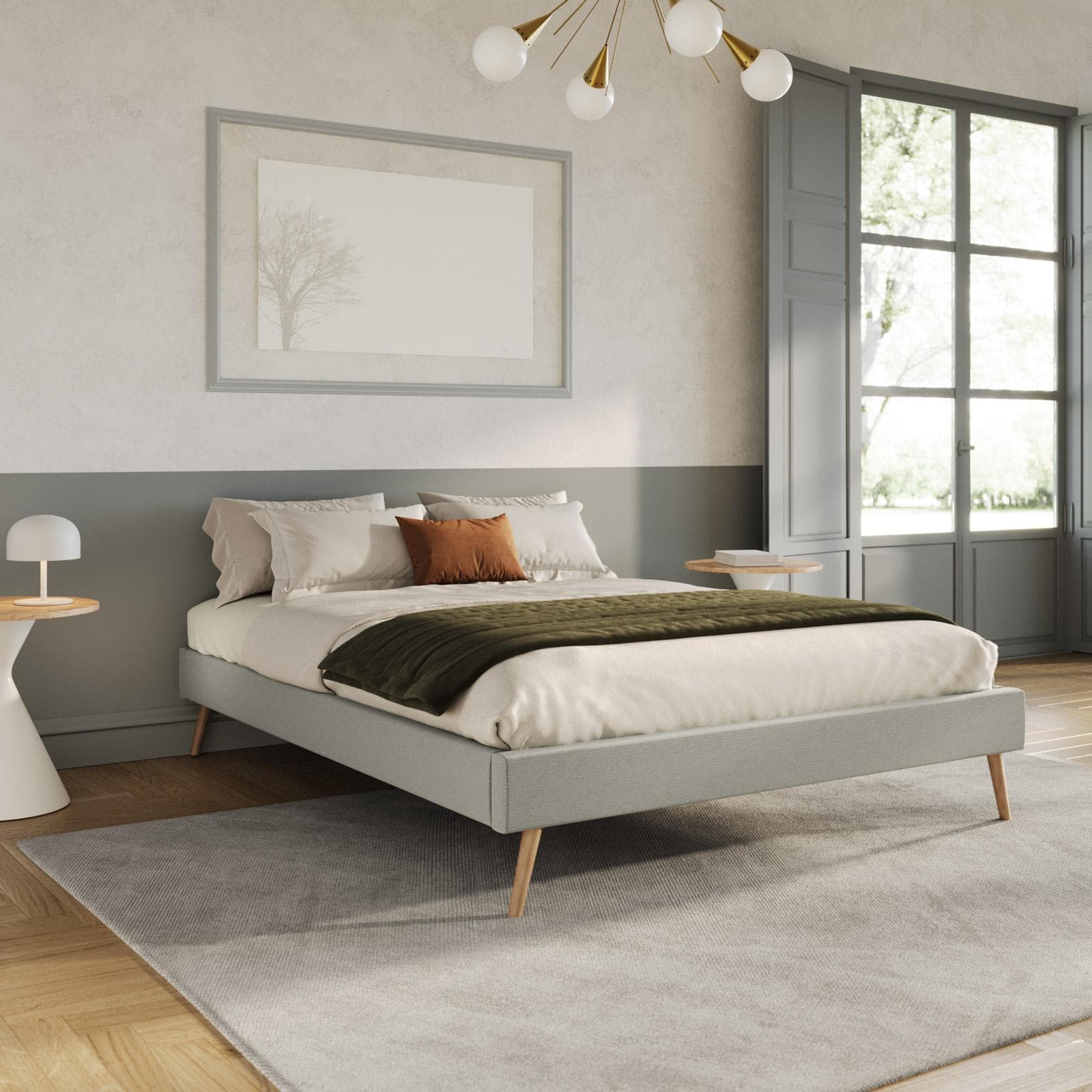 Letto matrimoniale sommier 160x200 cm in tessuto effetto maglia grigio chiaro - Anker