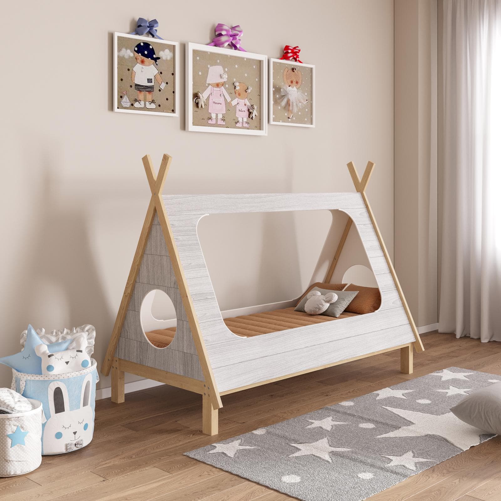 Letto per bambini 90x190 cm in legno bianco e naturale - Lollipop