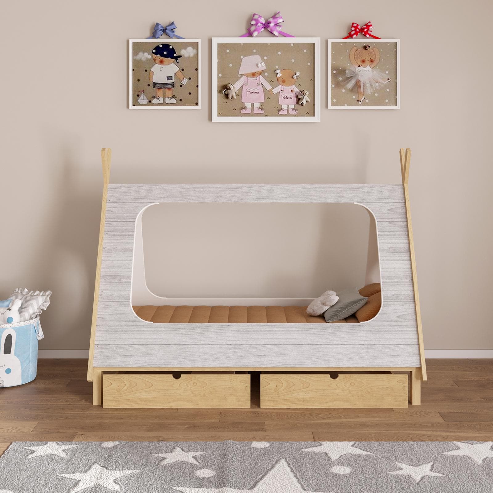 Letto per bambini 90x190 cm in legno bianco e naturale con 2 cassettoni legno naturale - Lollipop