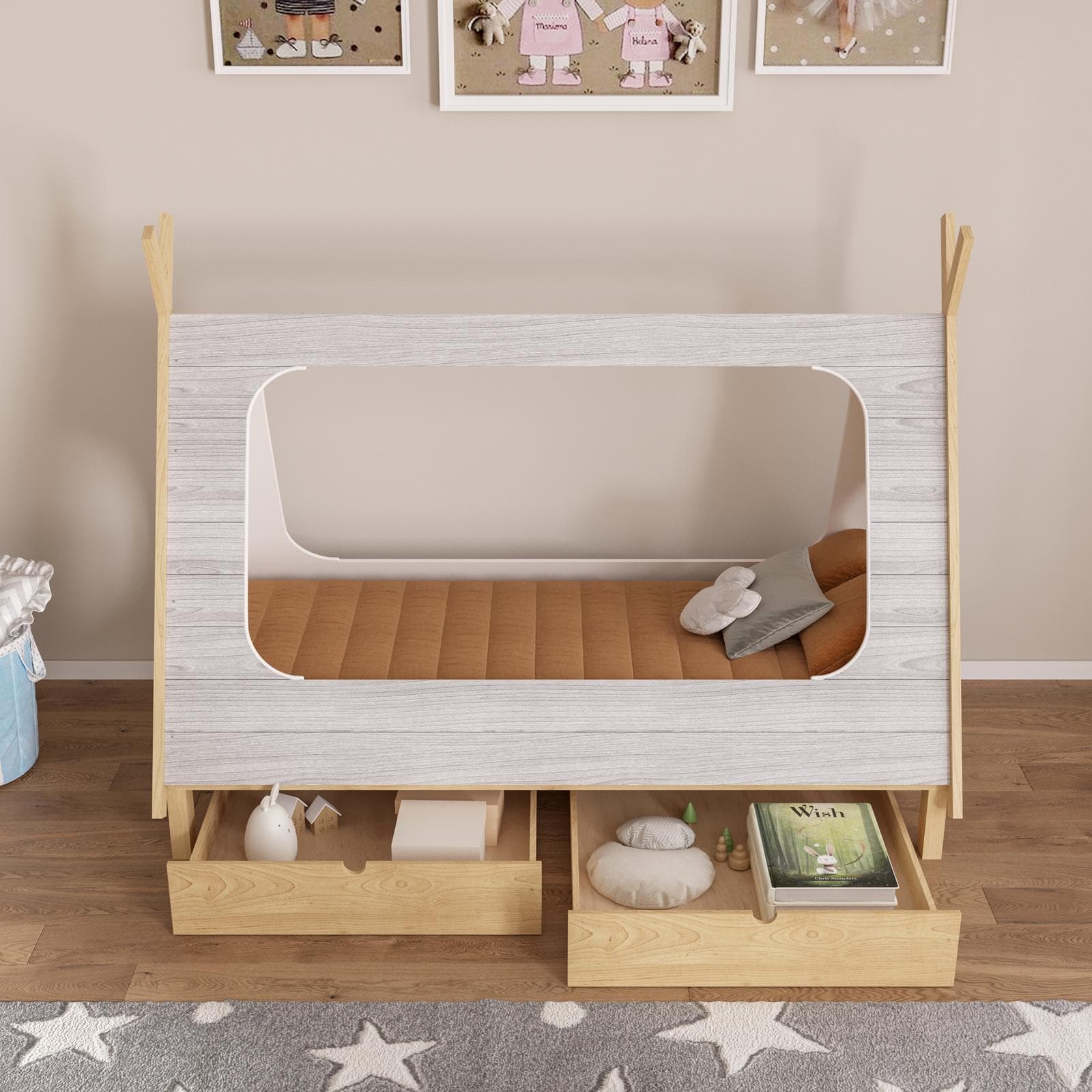 Letto per bambini 90x190 cm in legno bianco e naturale con 2 cassettoni legno naturale - Lollipop