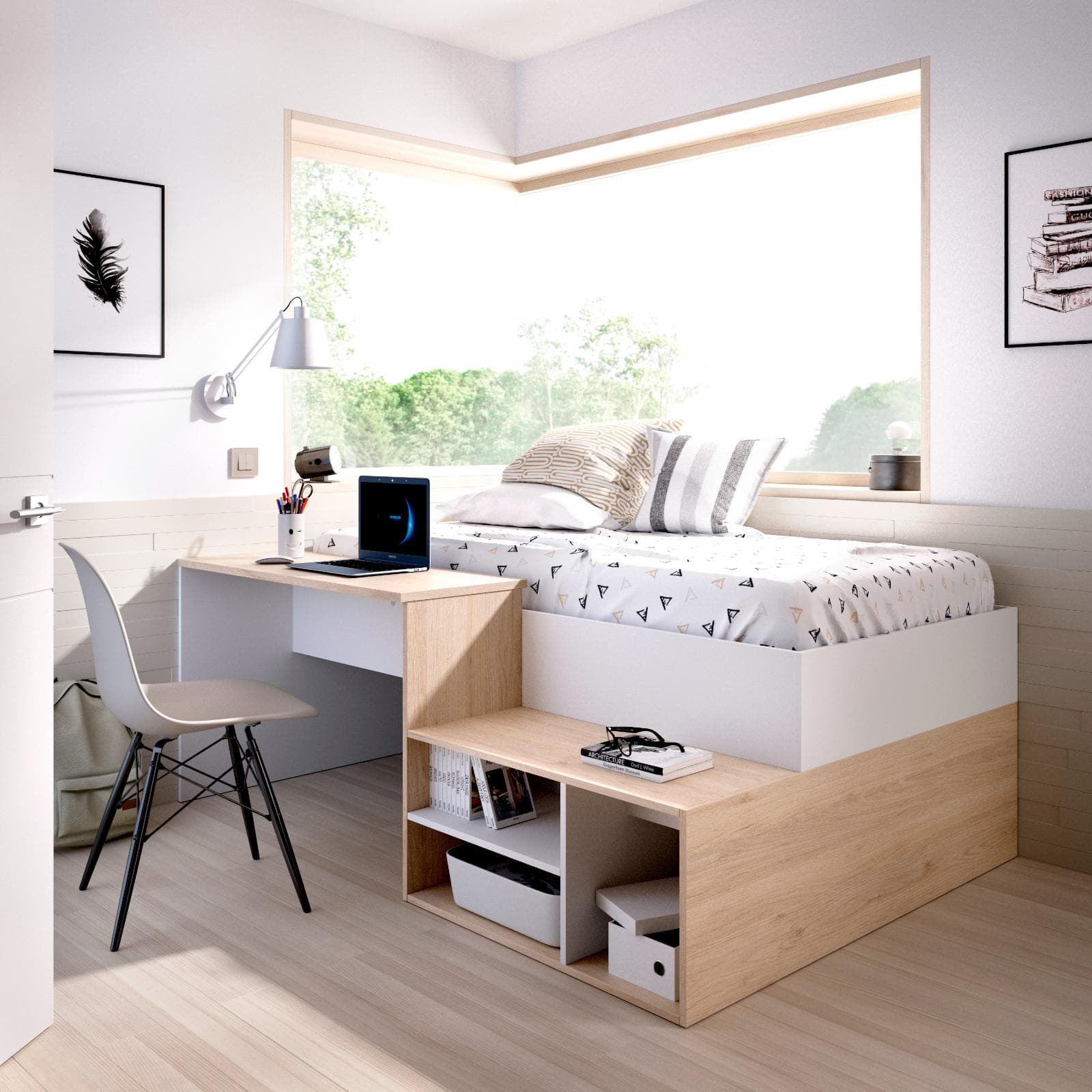Letto 90x190 cm in legno naturale e bianco con scrivania e vani - Krin