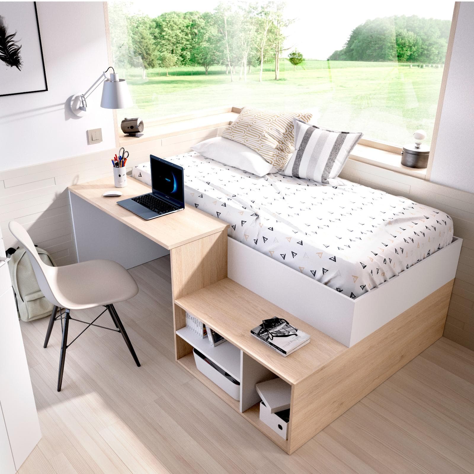 Letto 90x190 cm in legno naturale e bianco con scrivania e vani - Krin