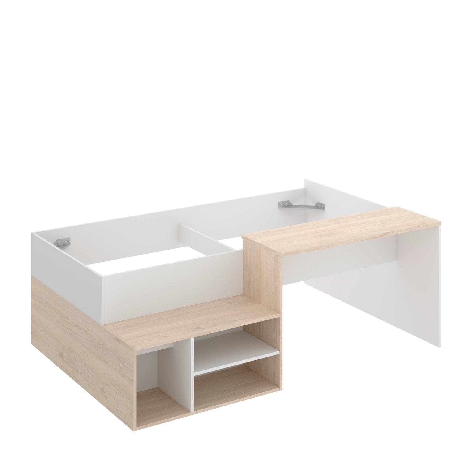 Letto 90x190 cm in legno naturale e bianco con scrivania e vani - Krin
