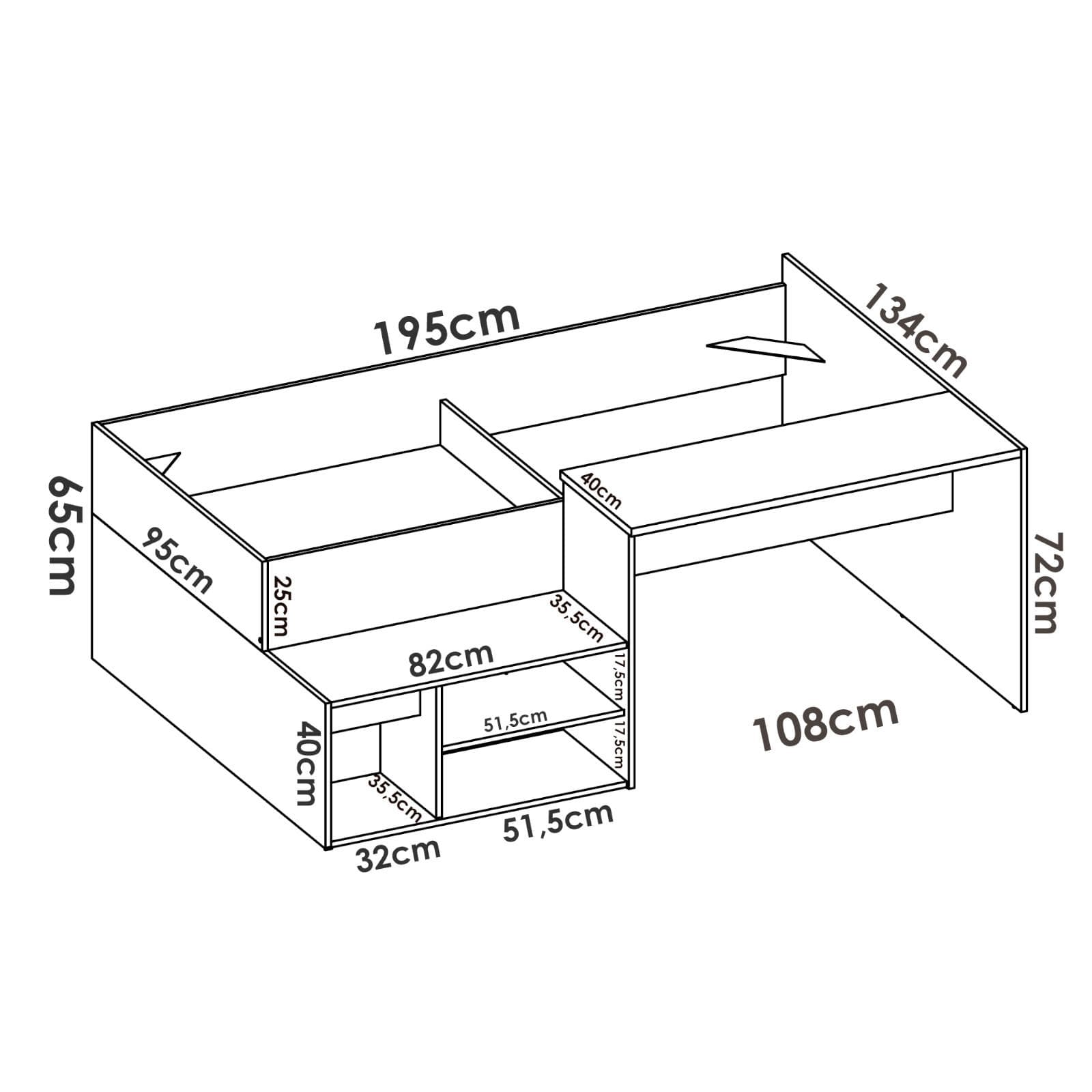 Letto 90x190 cm in legno naturale e bianco con scrivania e vani - Krin