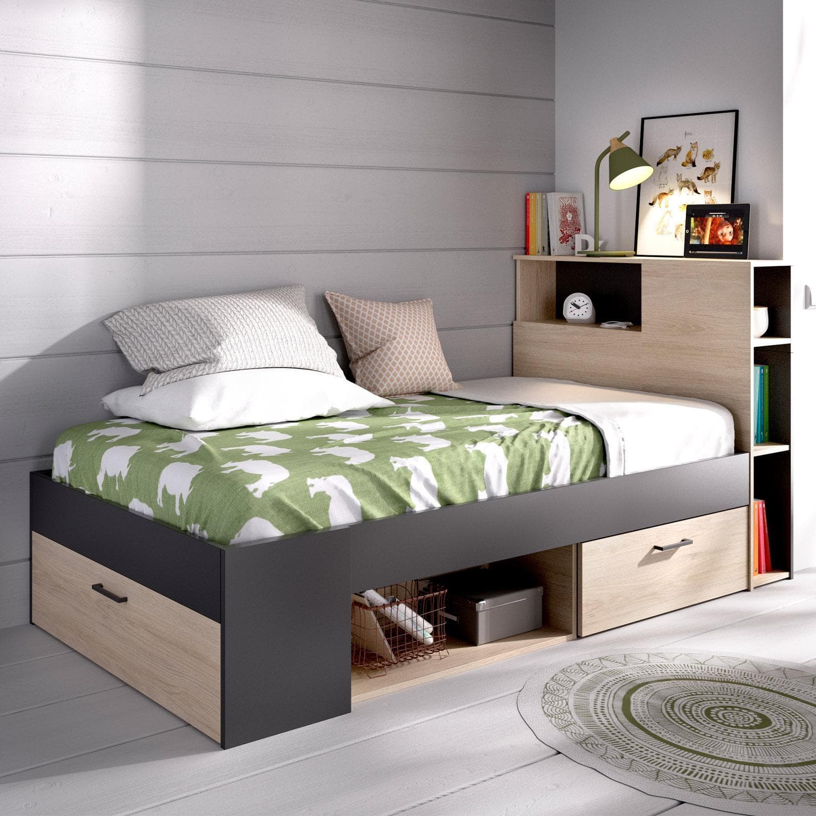 Letto singolo 90X190 cm in legno naturale e grafite con vani e cassetti - Kygo