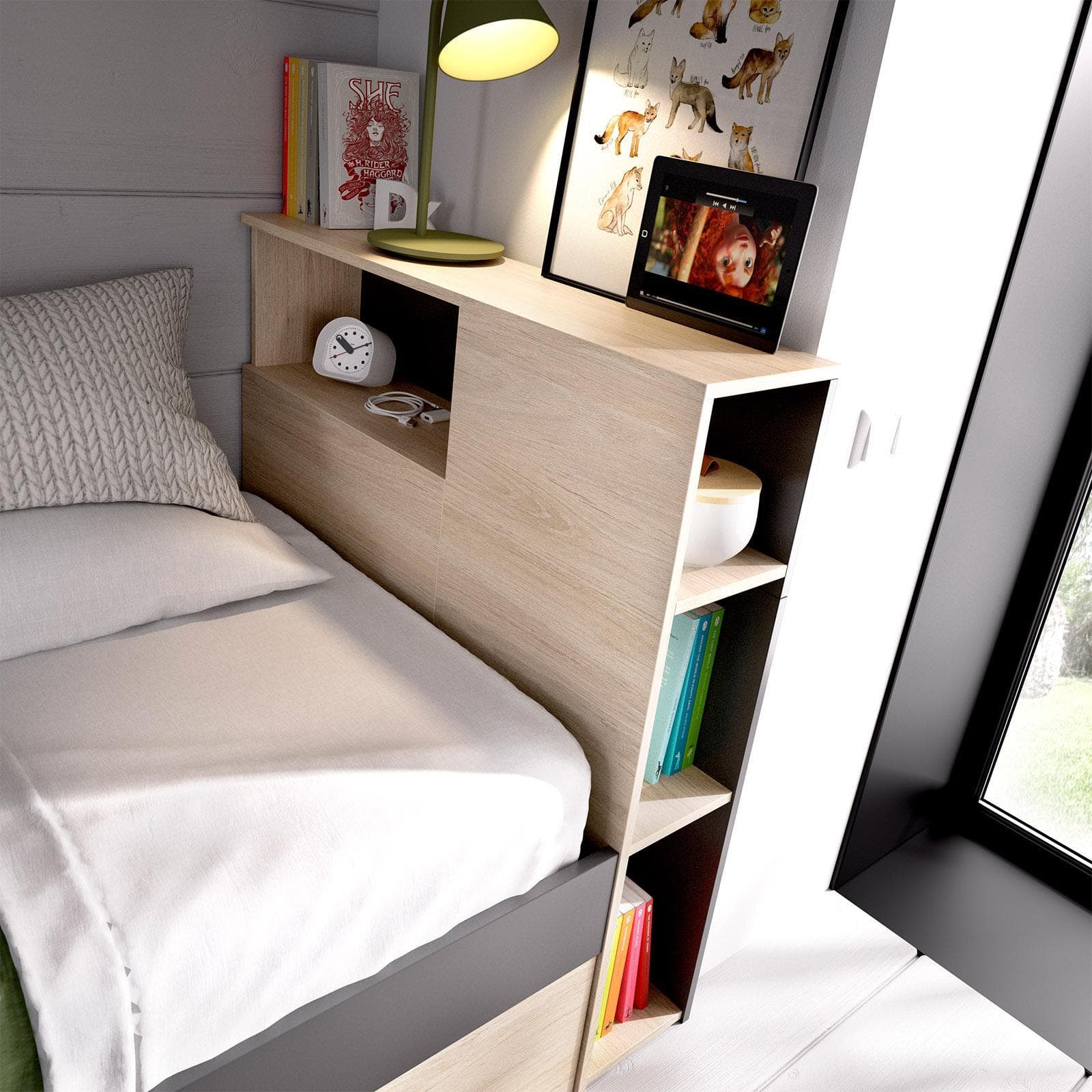Letto singolo 90X190 cm in legno naturale e grafite con vani e cassetti - Kygo