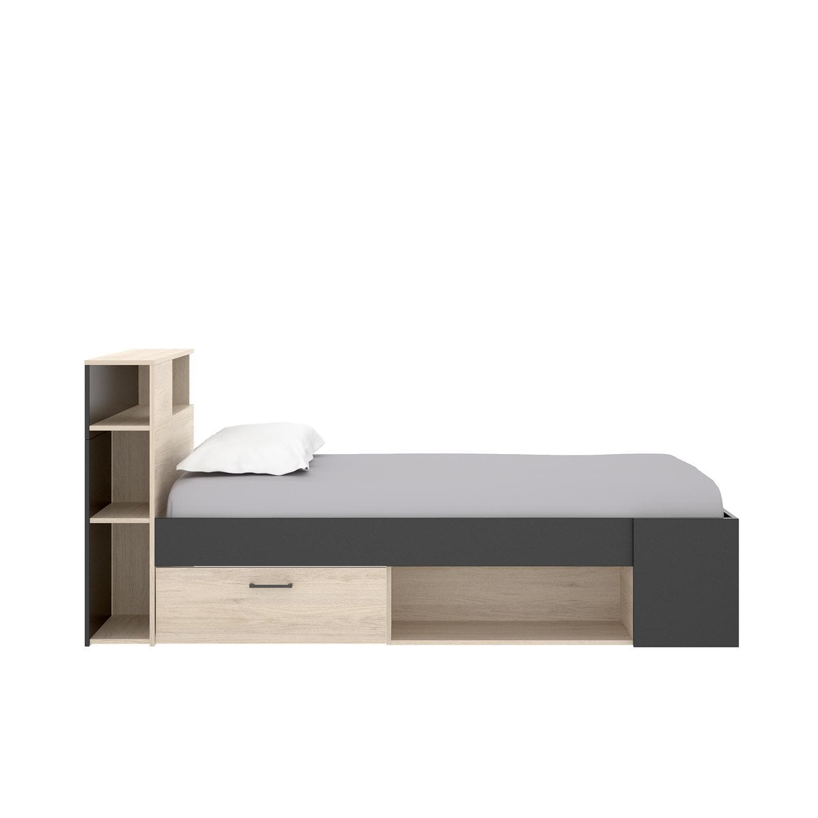 Letto singolo 90X190 cm in legno naturale e grafite con vani e cassetti - Kygo