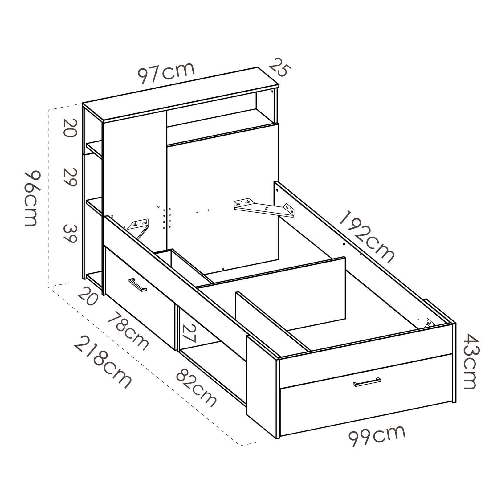 Letto singolo 90X190 cm in legno naturale e grafite con vani e cassetti - Kygo