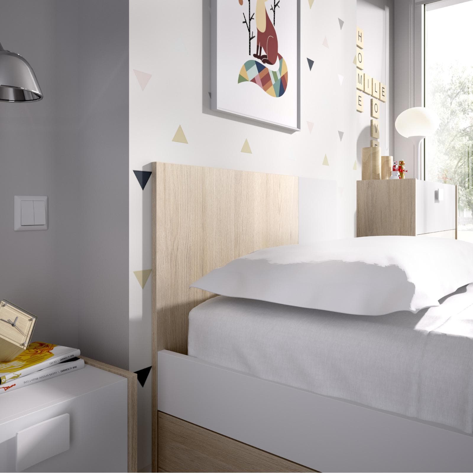 Letto singolo 90X190 in legno bianco e naturale con due cassetti inferiori - Dinasty