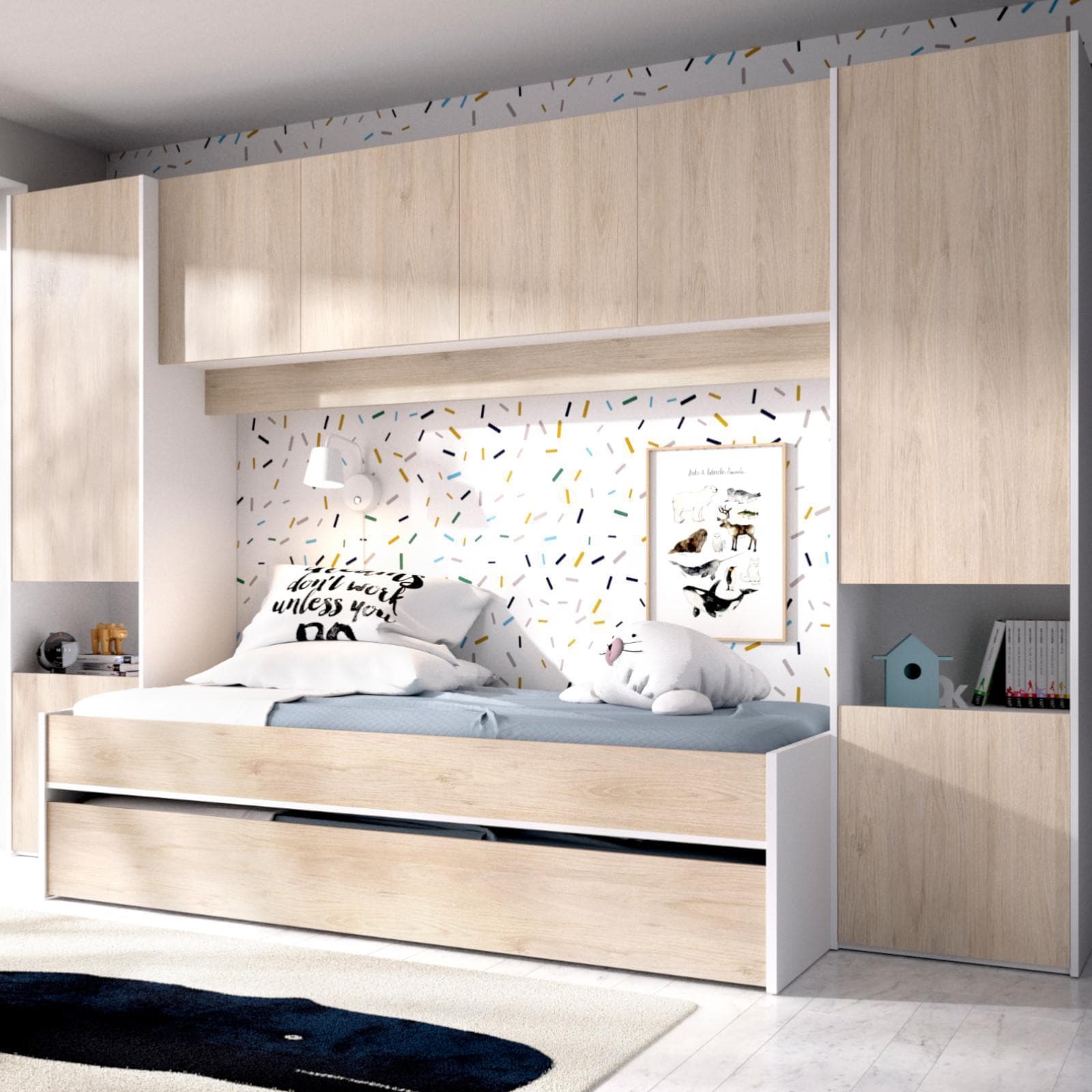 Cameretta a ponte 303x97 cm in legno bianco e naturale con letto estraibile e armadio - Kora