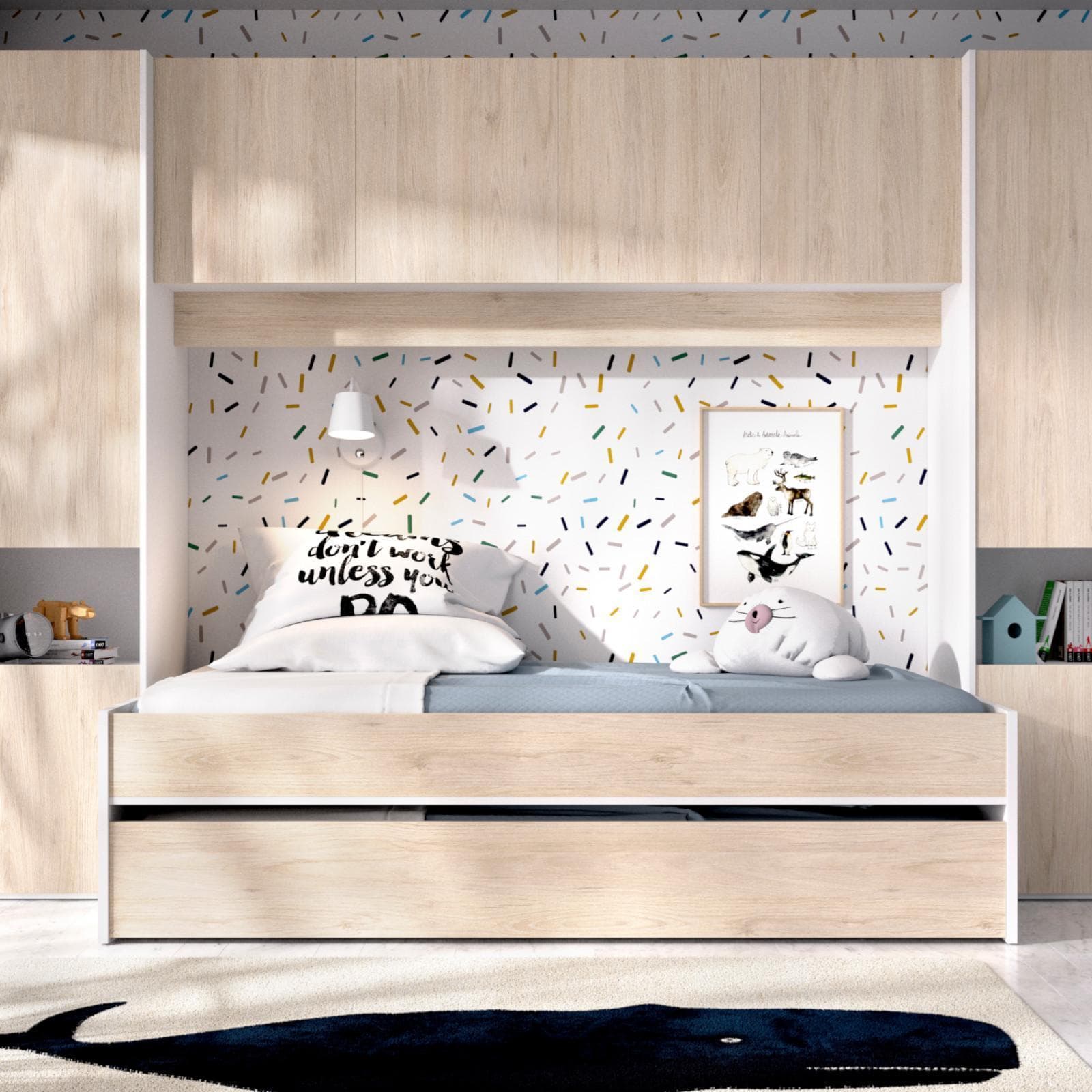 Cameretta a ponte 303x97 cm in legno bianco e naturale con letto estraibile e armadio - Kora