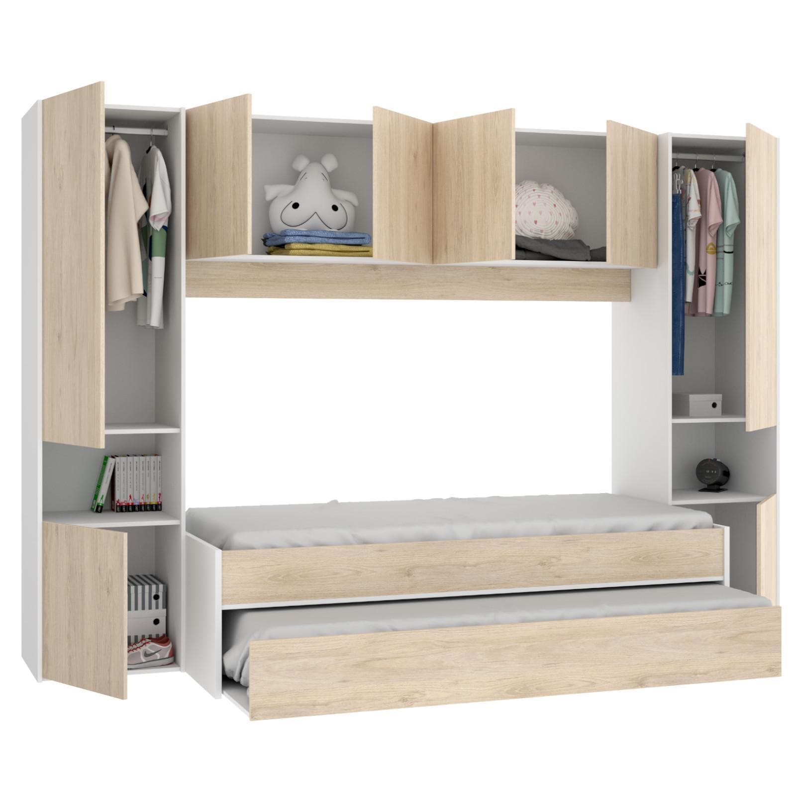 Cameretta a ponte 303x97 cm in legno bianco e naturale con letto estraibile e armadio - Kora