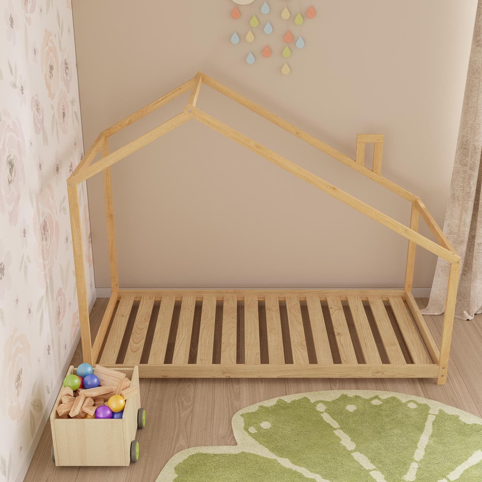 Letto per bambini 90x190 cm in legno naturale a forma di casa - Lollipop