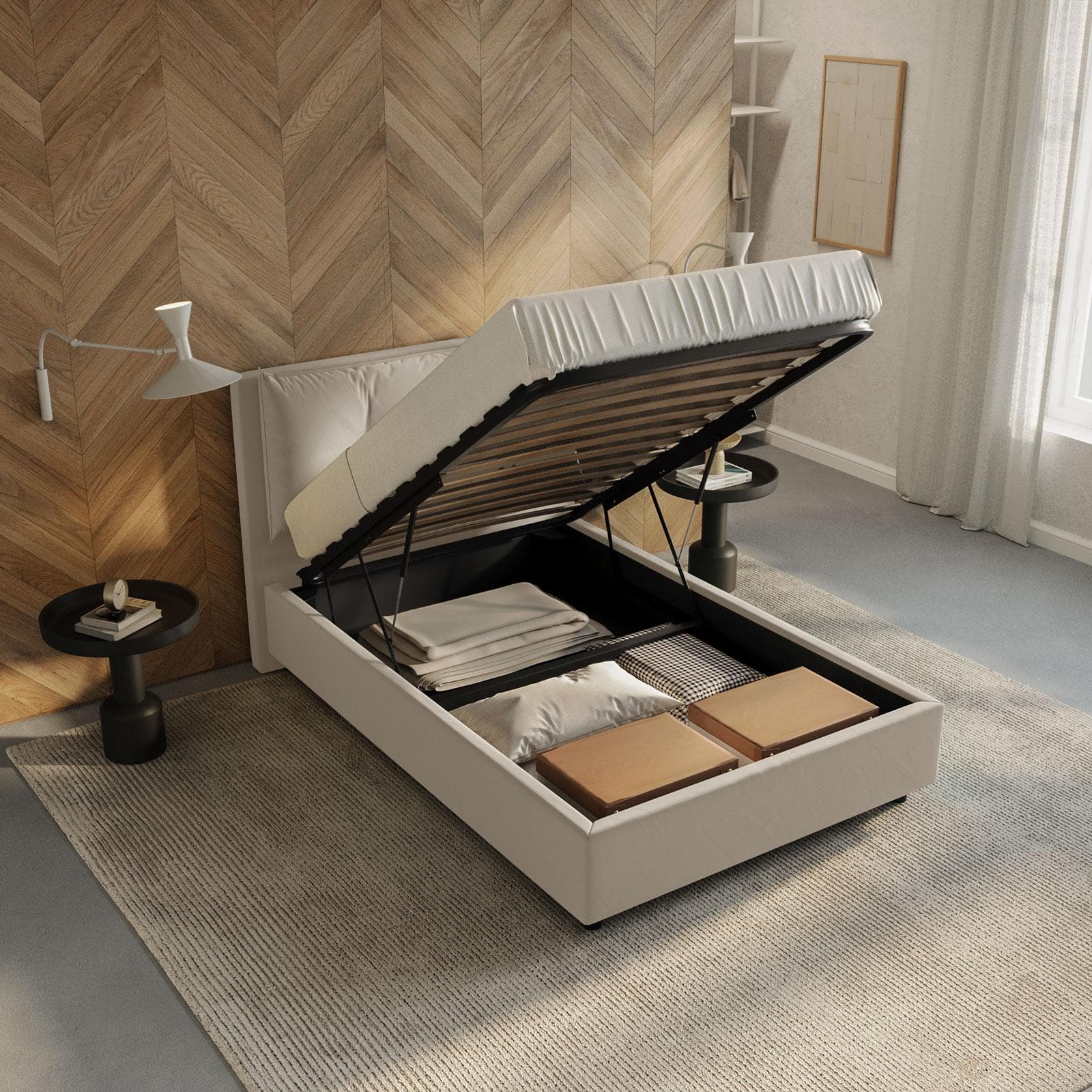Letto piazza e mezza contenitore 120x190 cm in velluto beige sfoderabile - Priory