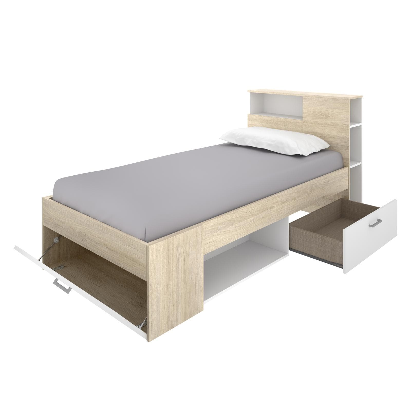 Letto singolo 90X190 cm bianco ed effetto rovere naturale con cassetti e testata struttura a vani - Kygo