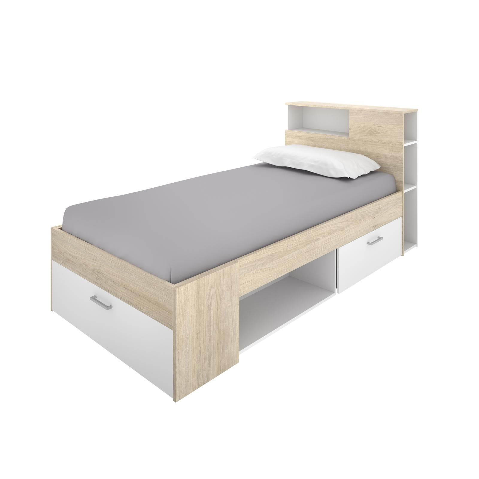 Letto singolo 90X190 cm bianco ed effetto rovere naturale con cassetti e testata struttura a vani - Kygo