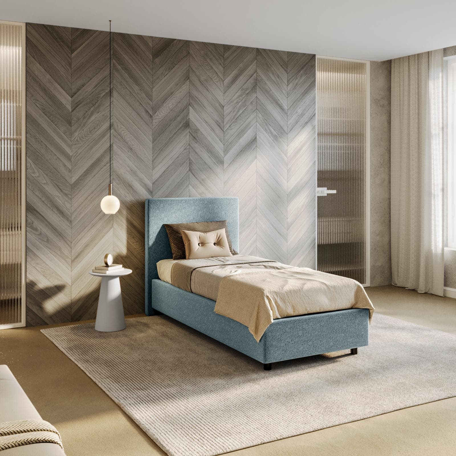 Letto singolo contenitore 80x190 cm in tessuto ciniglia cielo sfoderabile - Hatfield
