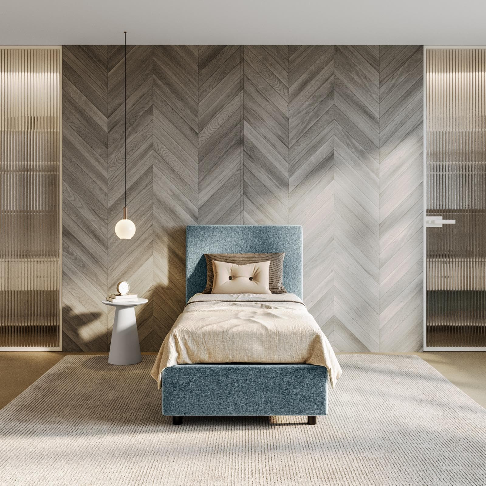 Letto singolo contenitore 80x190 cm in tessuto ciniglia cielo sfoderabile - Hatfield