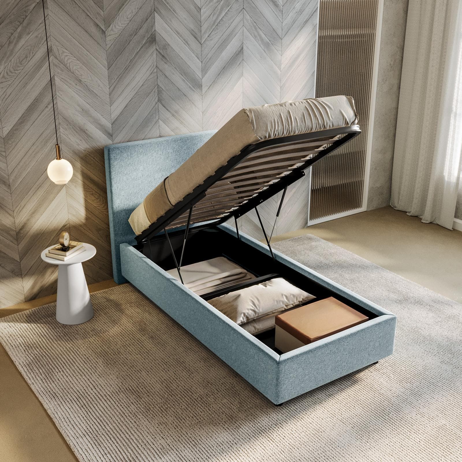 Letto singolo contenitore 80x190 cm in tessuto ciniglia cielo sfoderabile - Hatfield