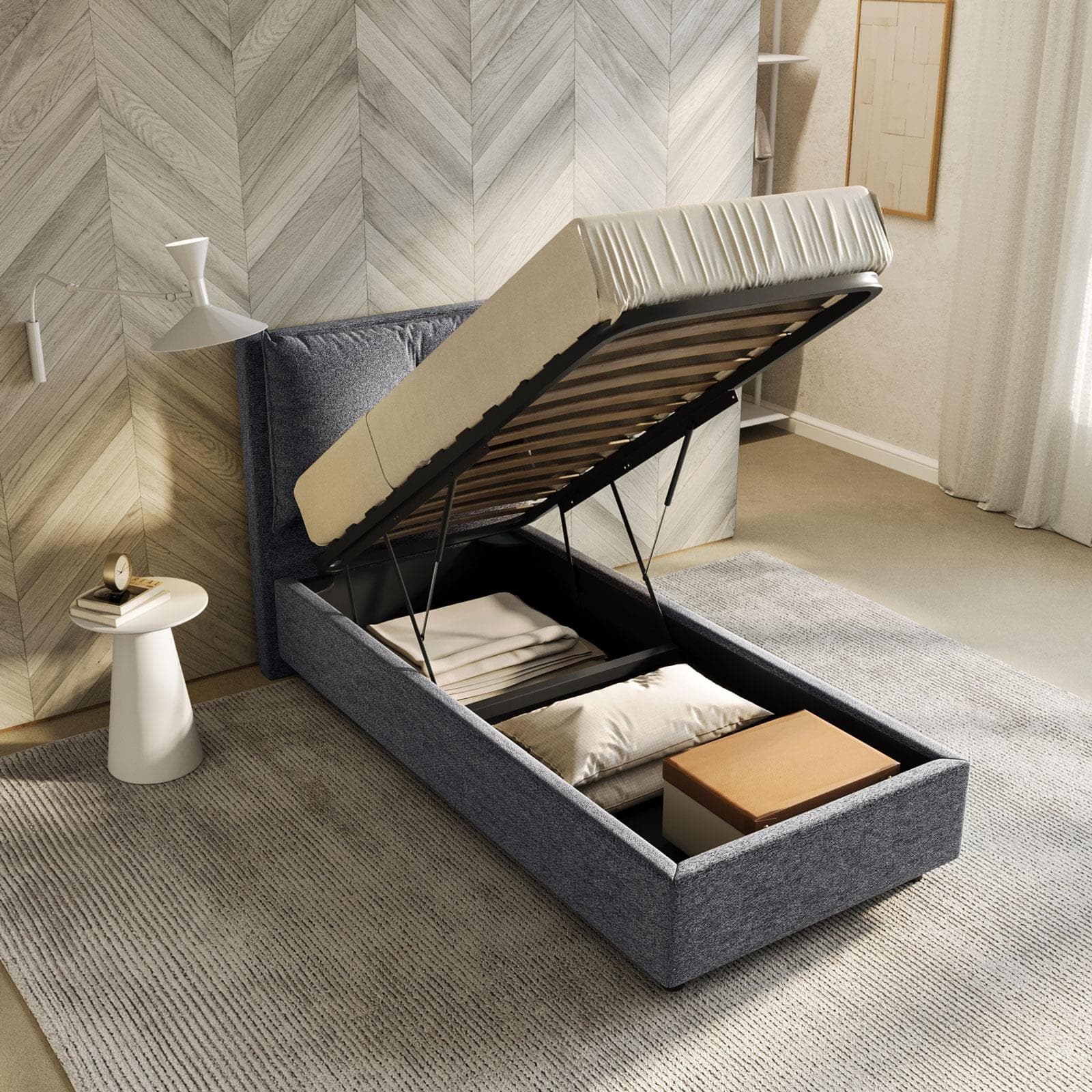 Letto singolo contenitore 80x190 cm in tessuto effetto maglia grigio sfoderabile - Priory