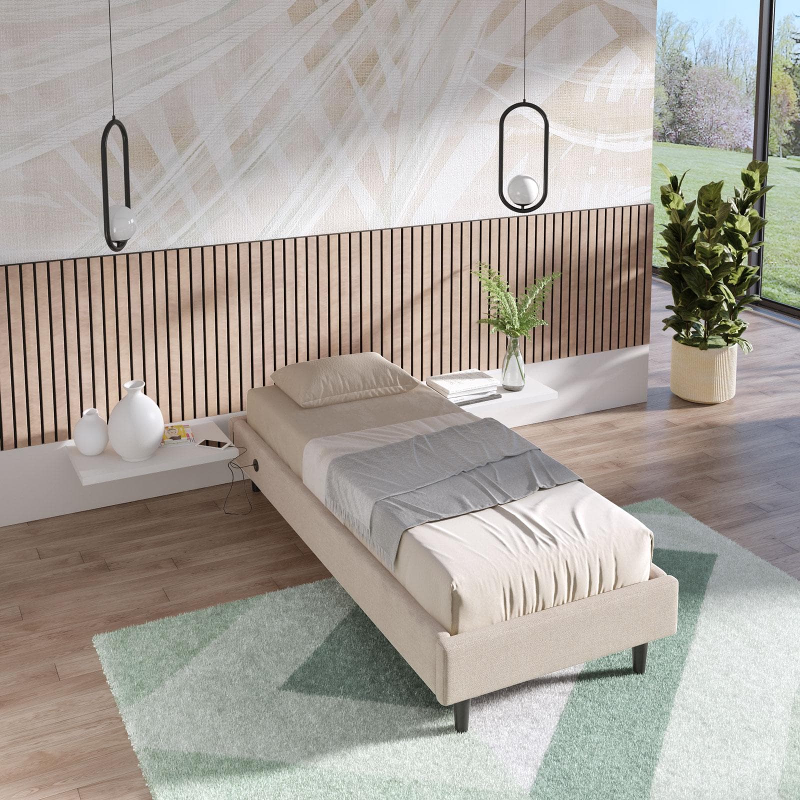 Letto singolo sommier 80x190 cm in tessuto crema con prese USB laterali - Columbus