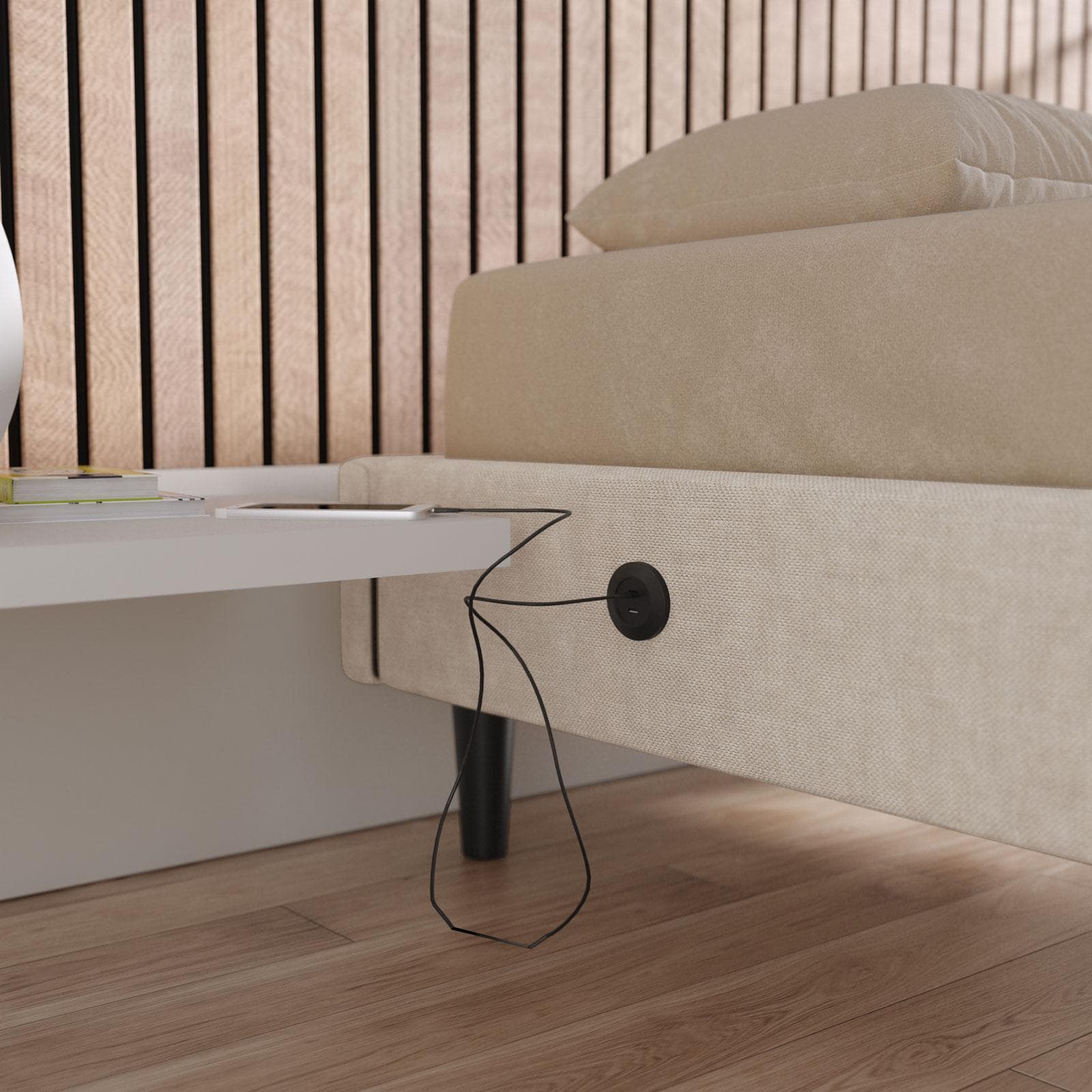 Letto singolo sommier 80x190 cm in tessuto crema con prese USB laterali - Columbus