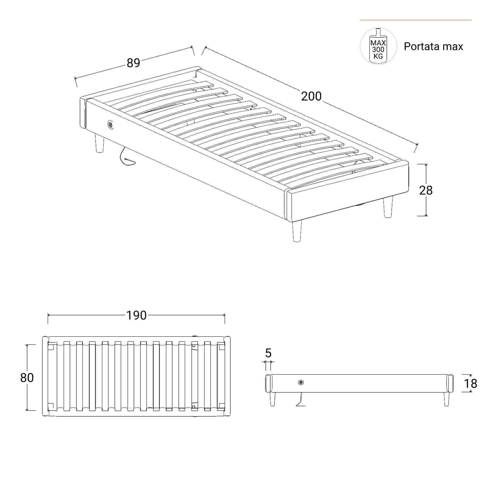 Letto singolo sommier 80x190 cm in tessuto crema con prese USB laterali - Columbus