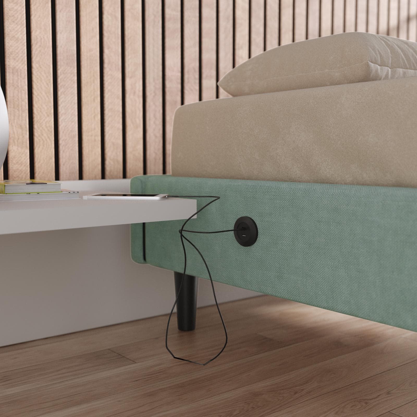 Letto singolo sommier 80x190 cm in tessuto verde salvia con prese USB laterali - Columbus