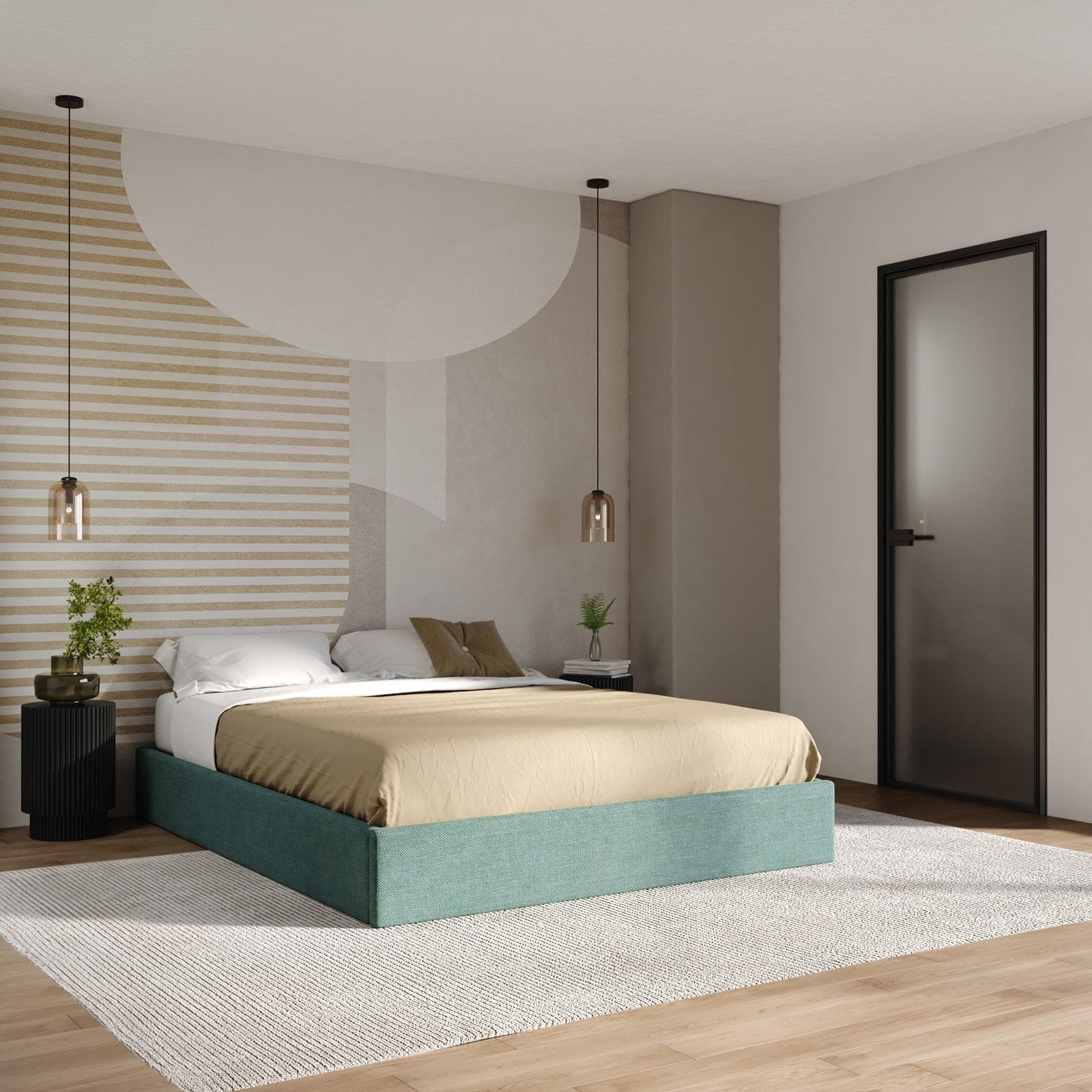 Letto sommier matrimoniale 160x190 cm in tessuto effetto maglia verde salvia con contenitore - Luton