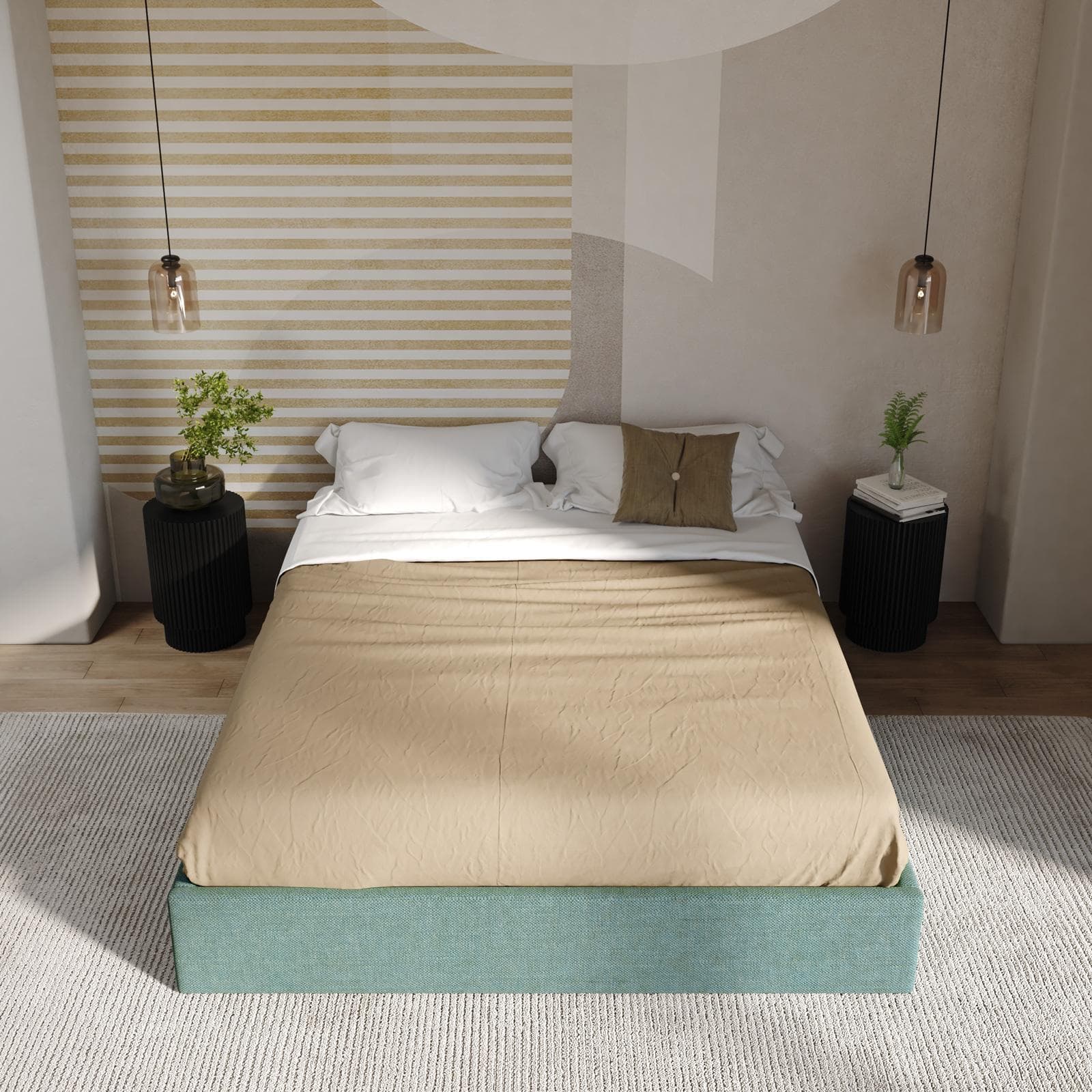 Letto sommier matrimoniale 160x190 cm in tessuto effetto maglia verde salvia con contenitore - Luton