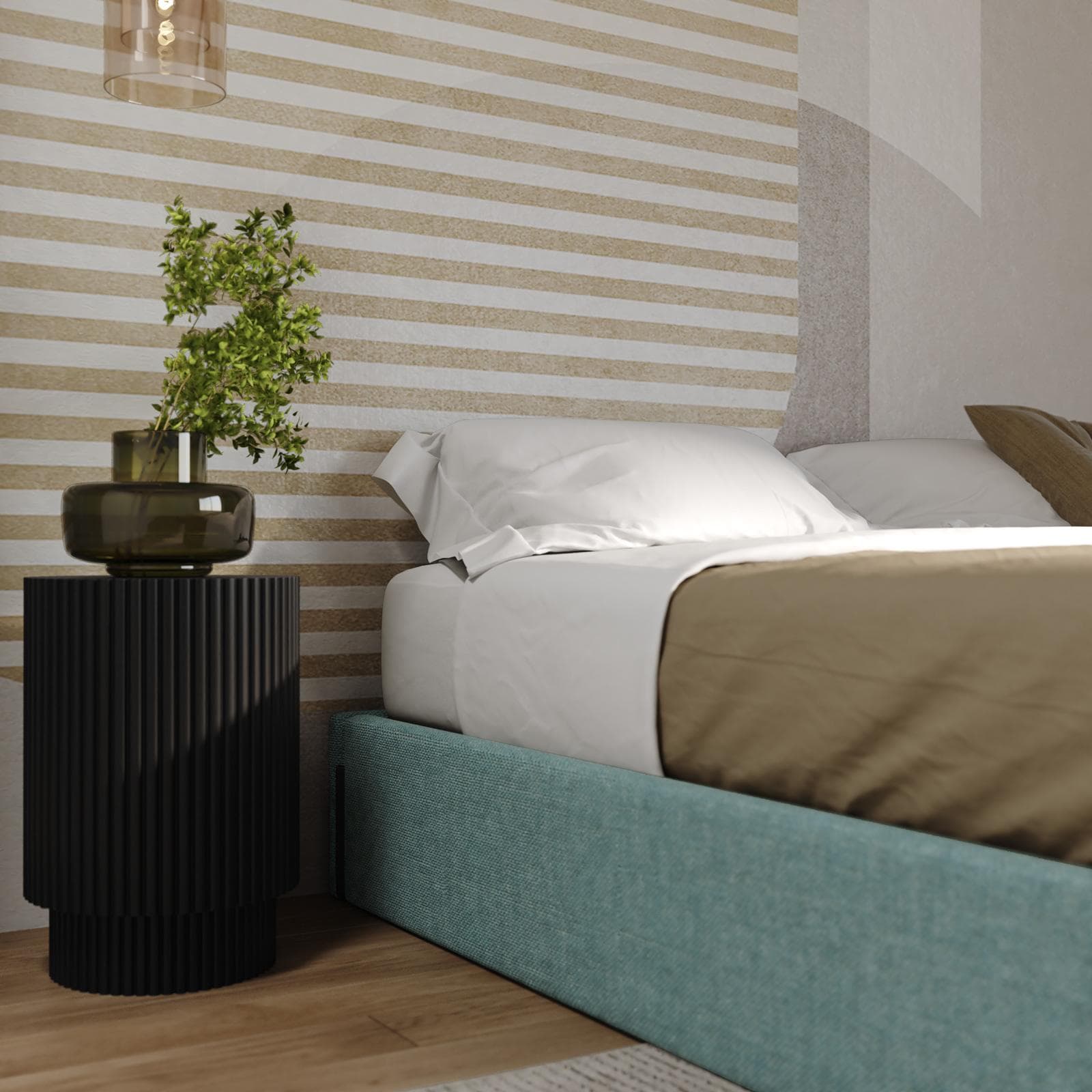 Letto sommier matrimoniale 160x190 cm in tessuto effetto maglia verde salvia con contenitore - Luton
