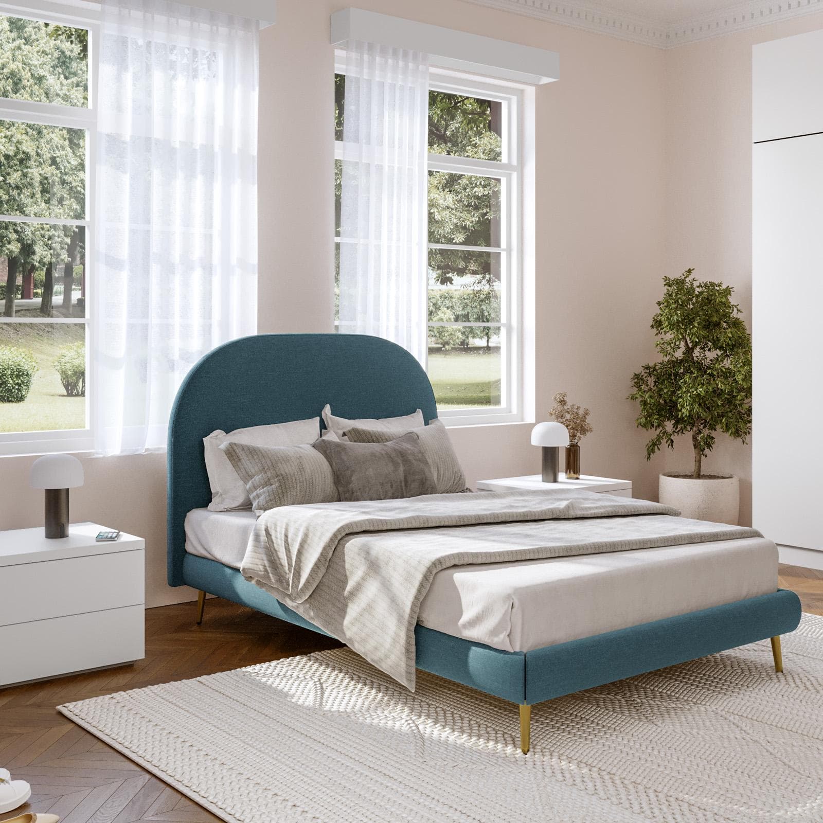 Letto una piazza e mezza 120x190 cm tessuto effetto maglia petrolio con piedi oro - Evander