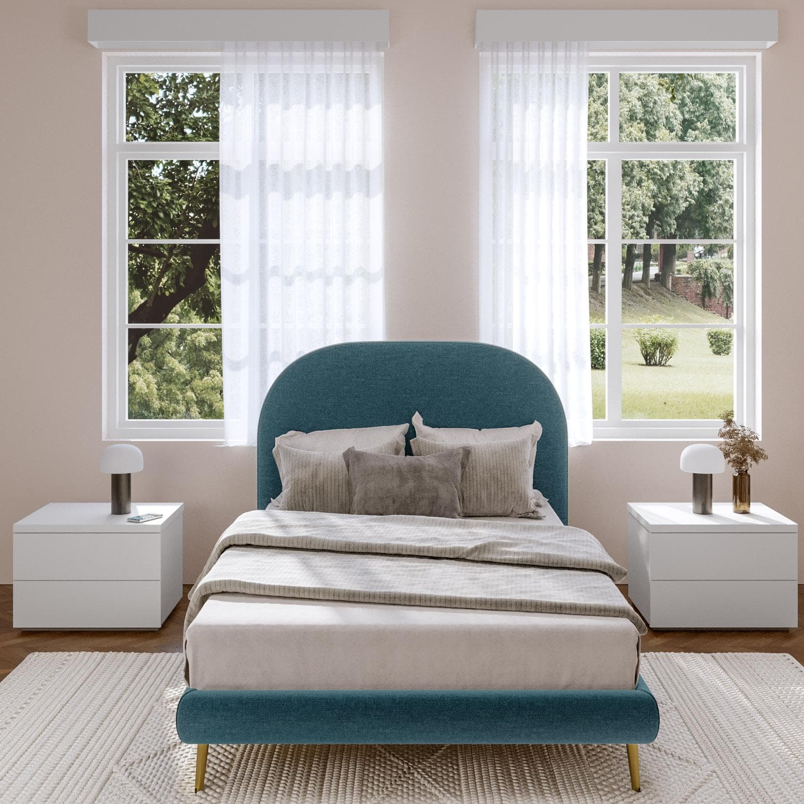 Letto una piazza e mezza 120x190 cm tessuto effetto maglia petrolio con piedi oro - Evander