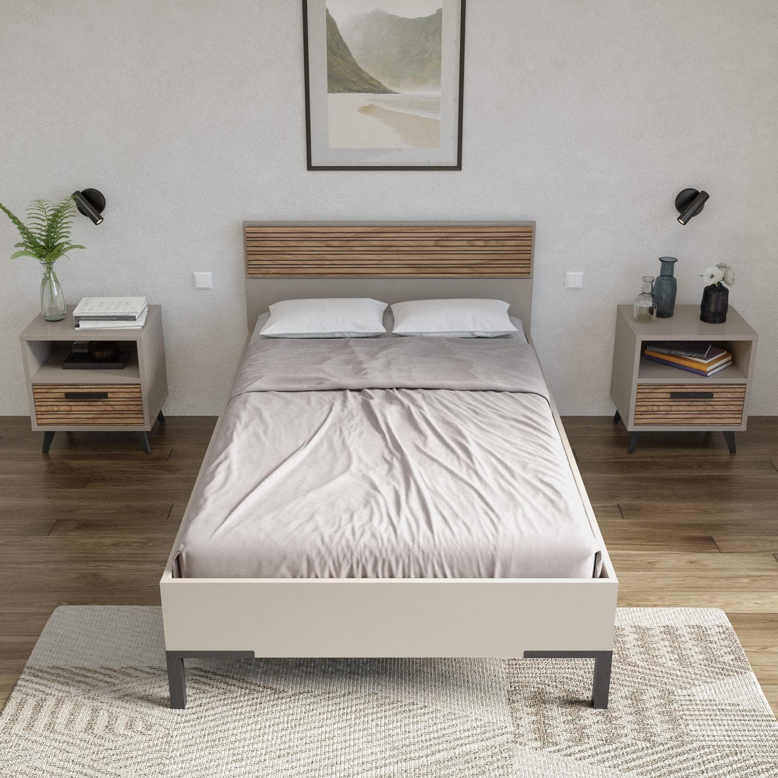 Letto una piazza e mezza 120x200 cm cashmere opaco e rovere effetto cannettato - Bizet