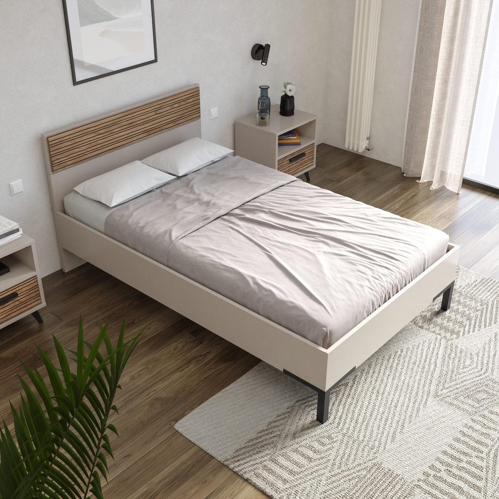 Letto una piazza e mezza 120x200 cm cashmere opaco e rovere effetto cannettato - Bizet
