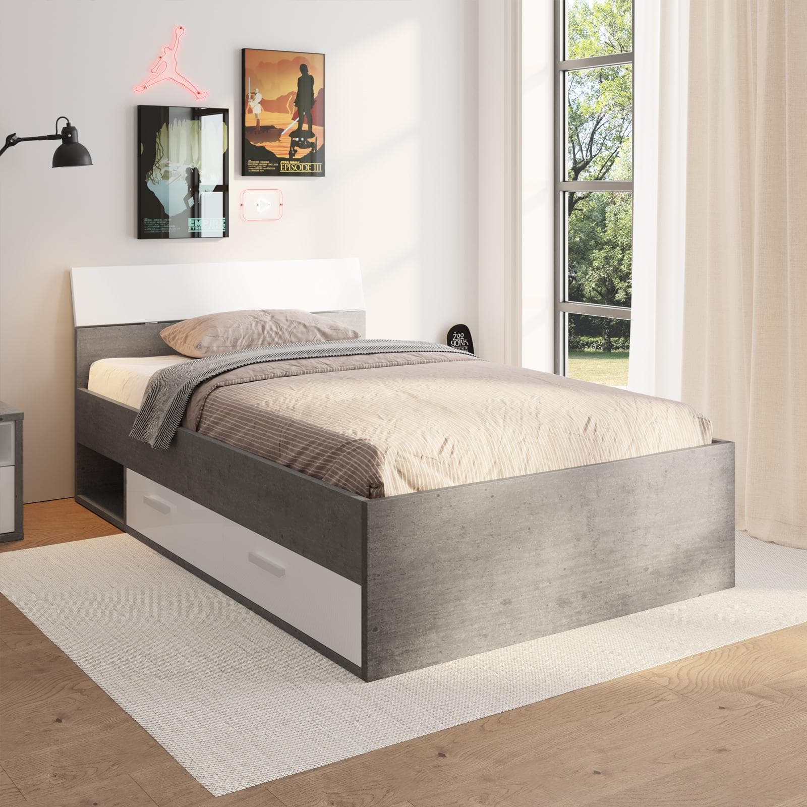 Letto una piazza e mezza 120x200 cm in legno bianco lucido e grigio cemento - Adore