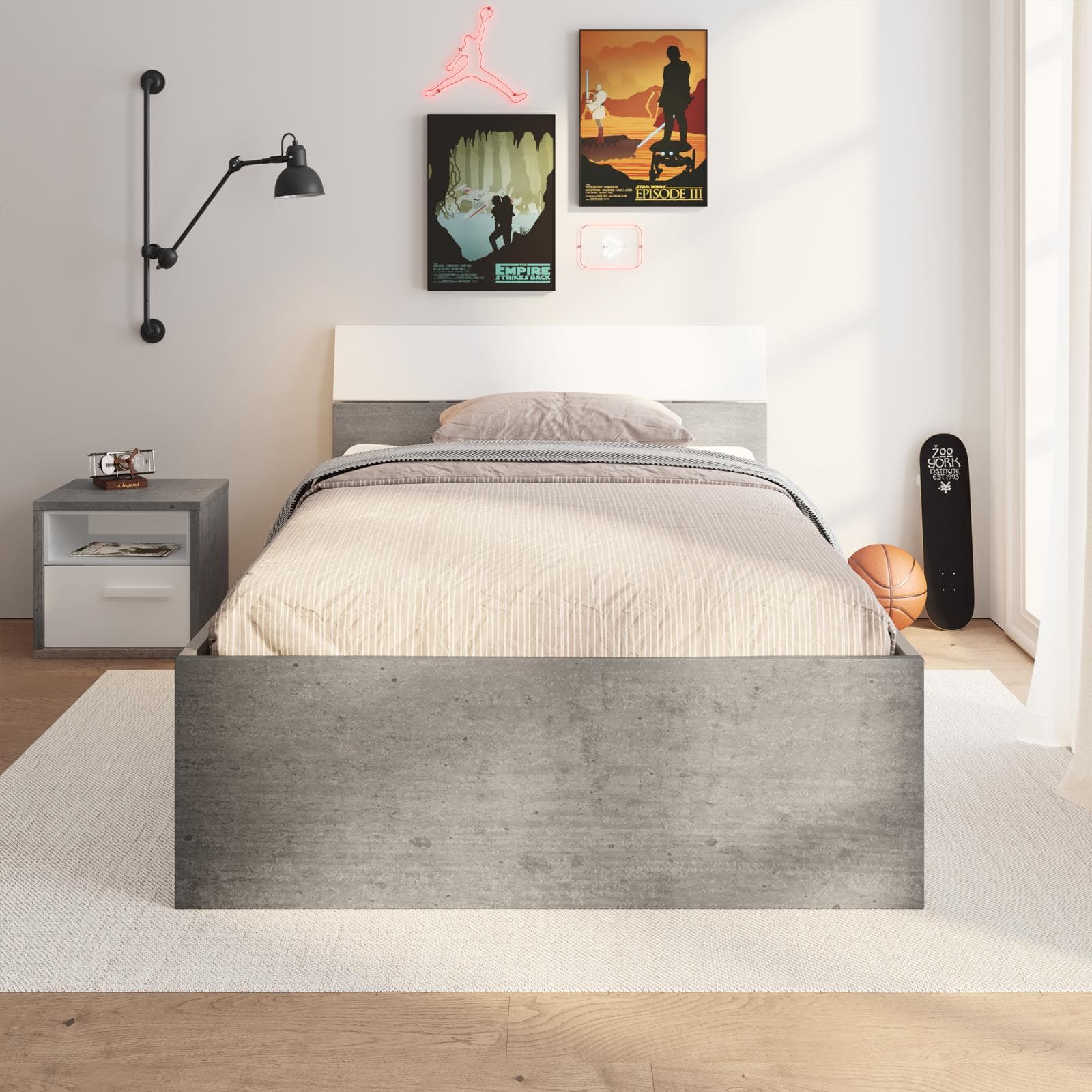 Letto una piazza e mezza 120x200 cm in legno bianco lucido e grigio cemento - Adore