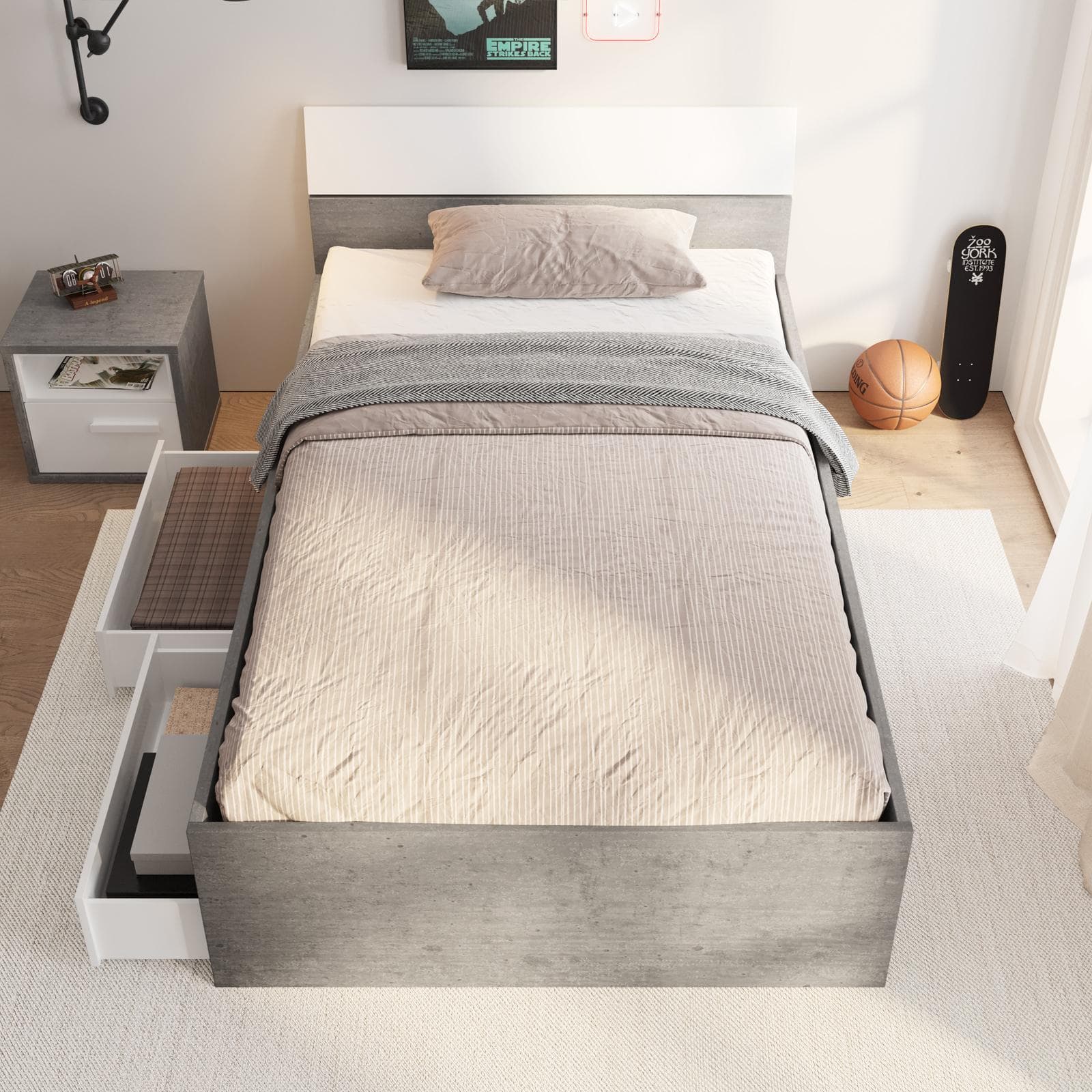 Letto una piazza e mezza 120x200 cm in legno bianco lucido e grigio cemento - Adore