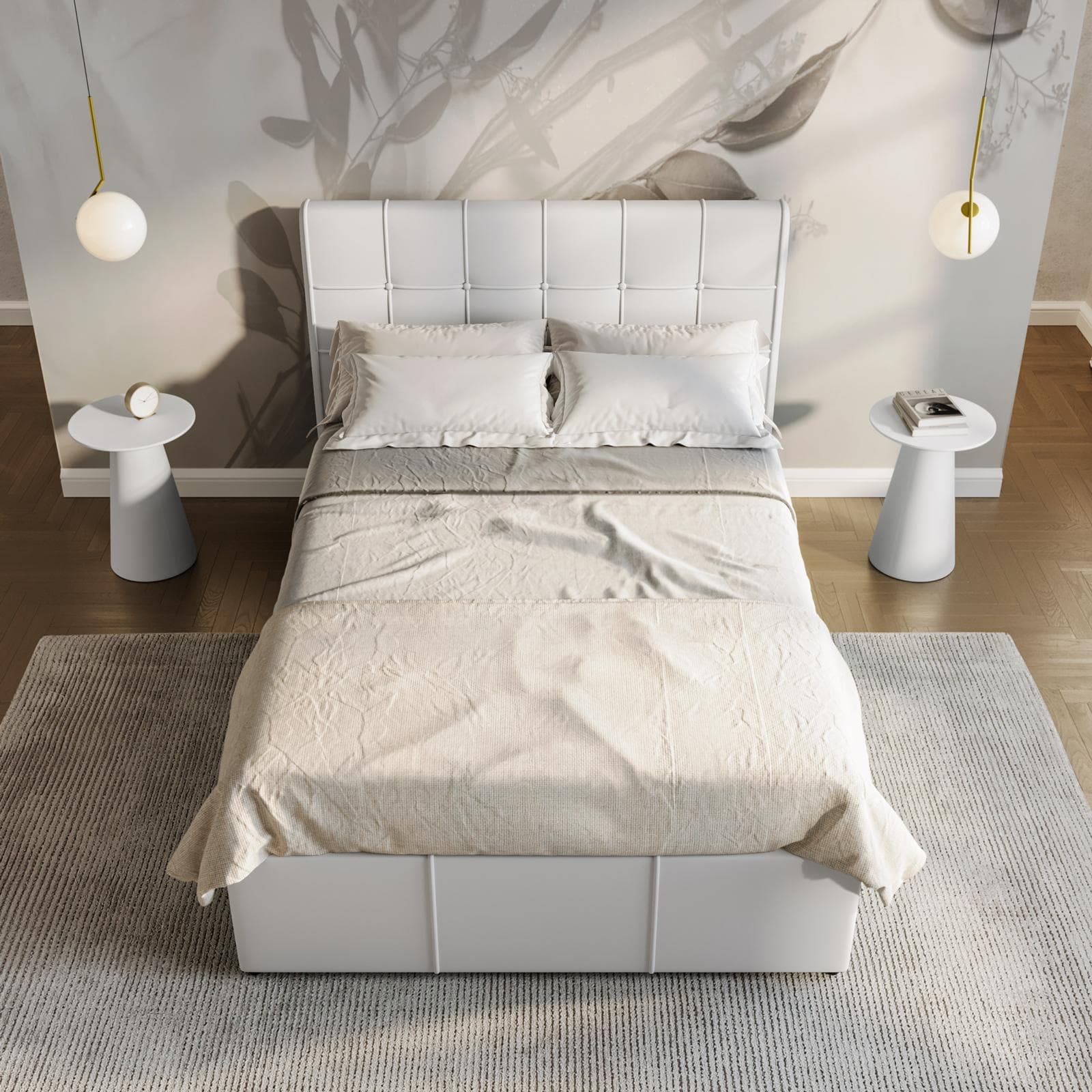 Letto una piazza e mezza con contenitore 120x190 cm imbottito in similpelle bianca - Bedz