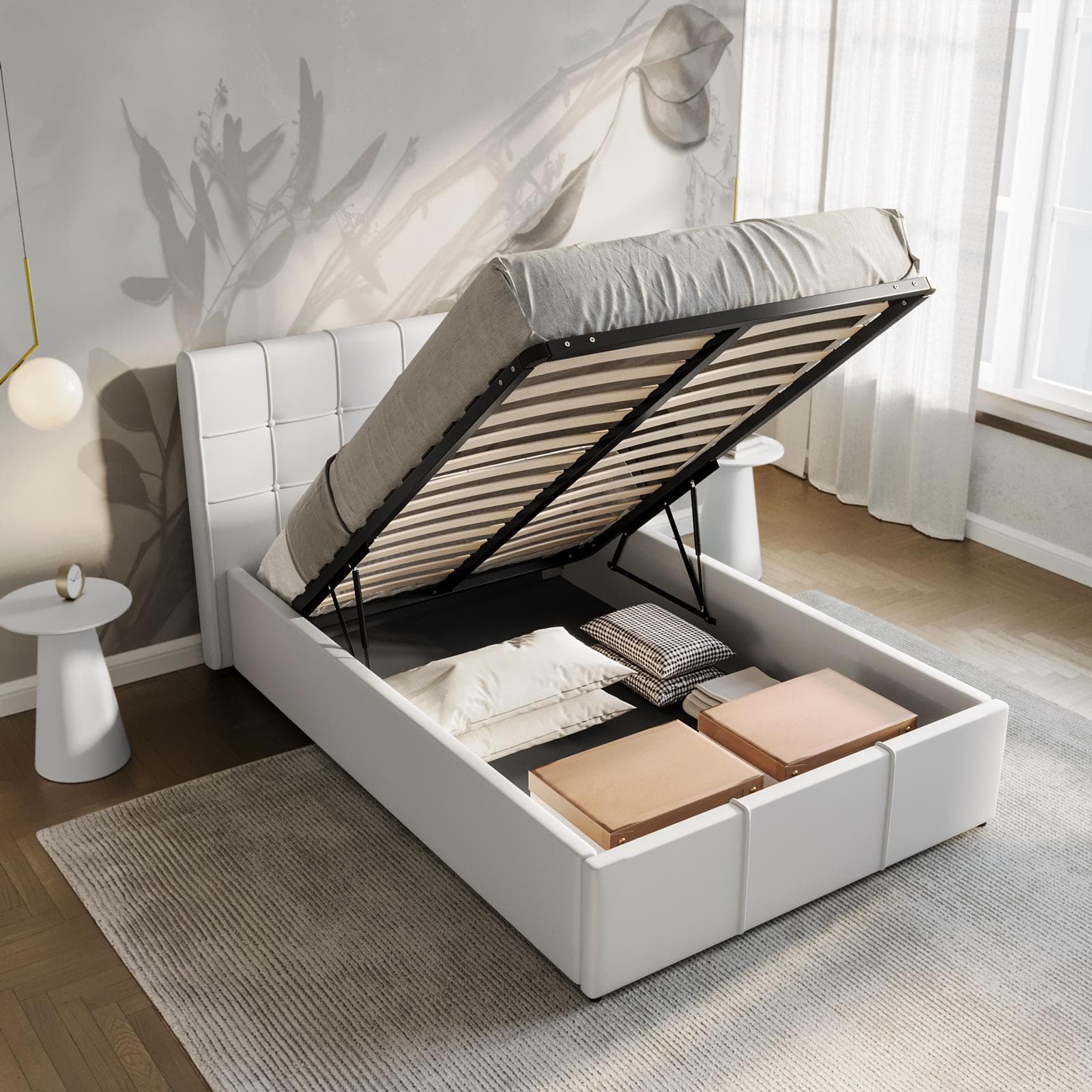Letto una piazza e mezza con contenitore 120x190 cm imbottito in similpelle bianca - Bedz