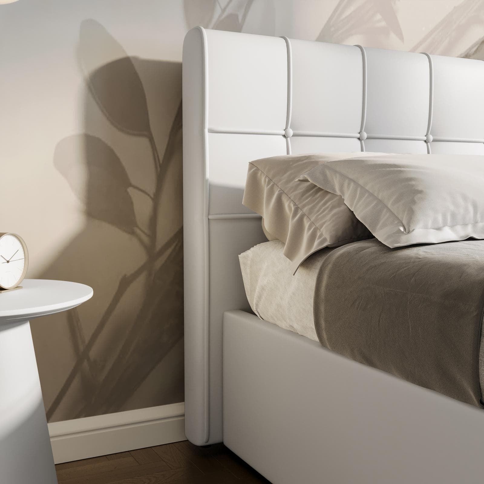 Letto una piazza e mezza con contenitore 120x190 cm imbottito in similpelle bianca - Bedz