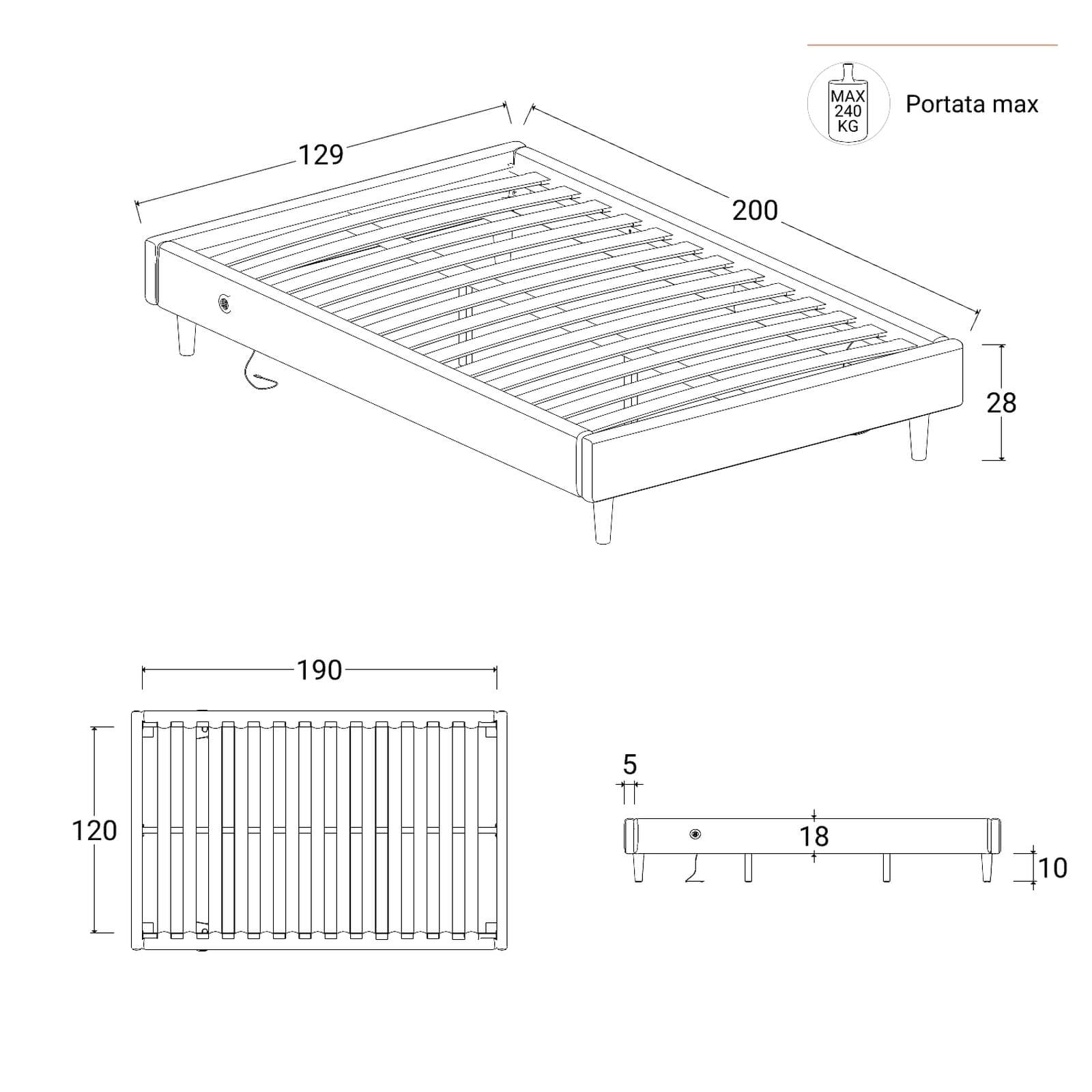 Letto una piazza e mezza sommier 120x190 cm in tessuto nero con prese USB laterali - Columbus