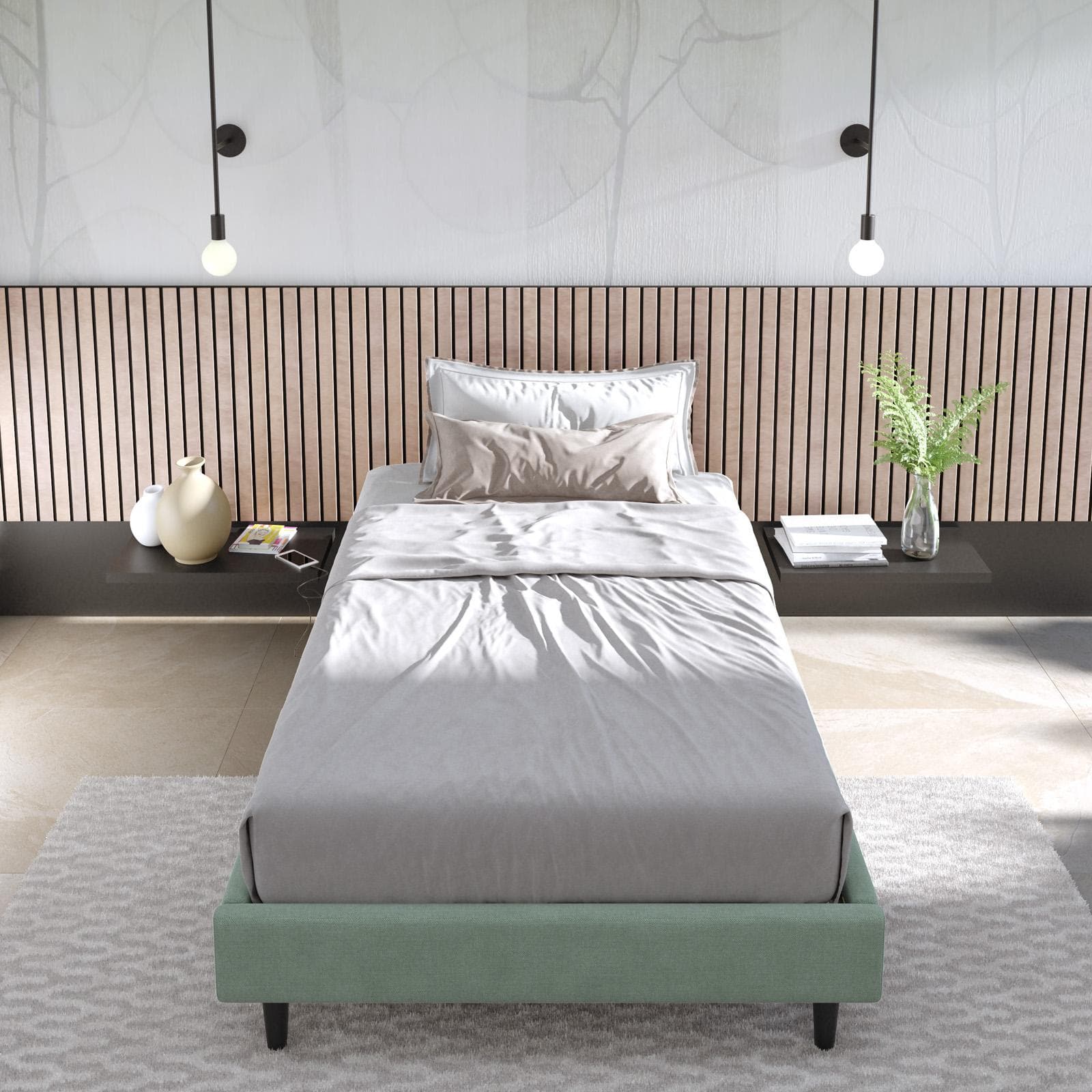 Letto una piazza e mezza sommier 120x190 cm in tessuto verde salvia con prese USB laterali - Columbus