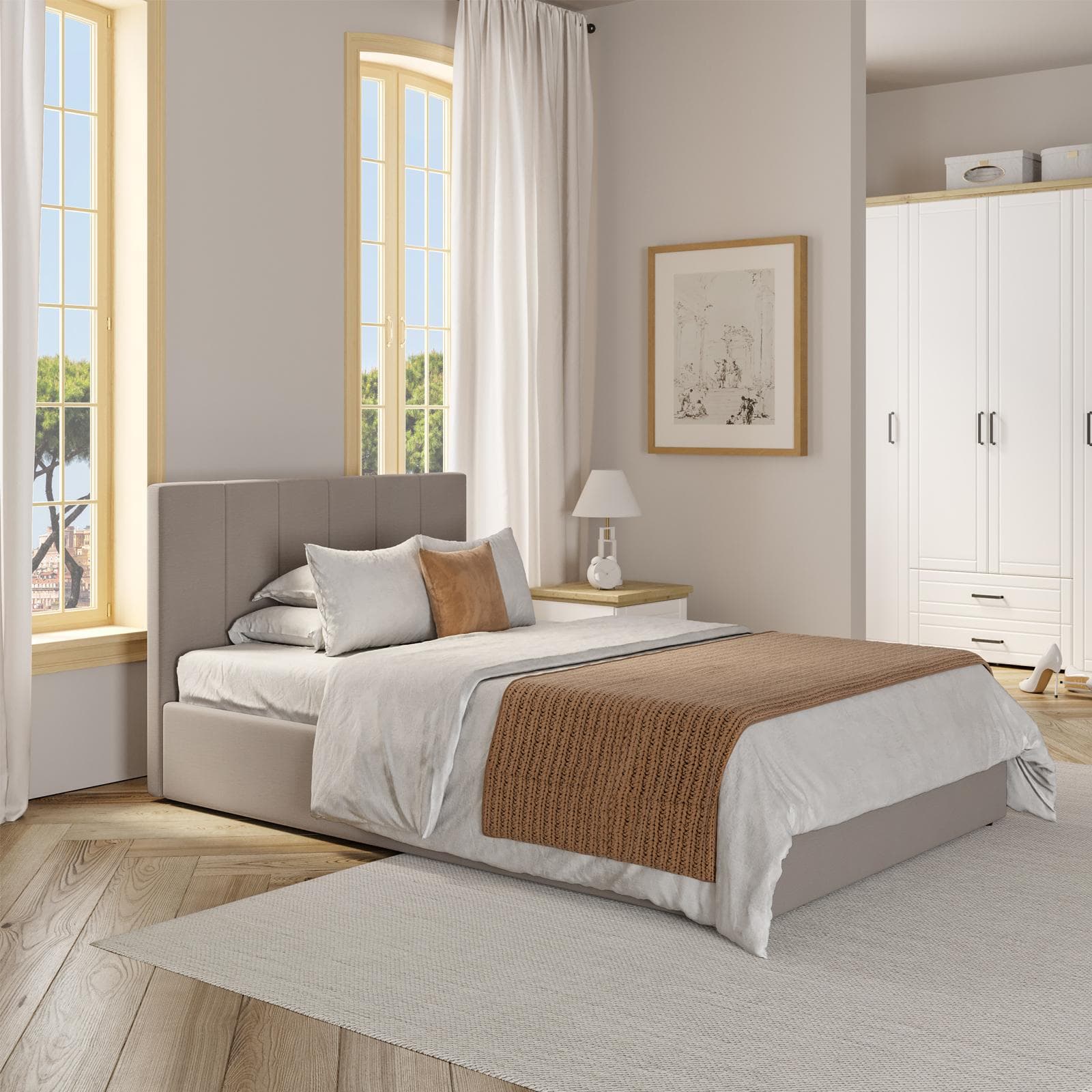 Letto una piazza e mezzo 120x190 cm in tessuto tortora chiaro - Ashton
